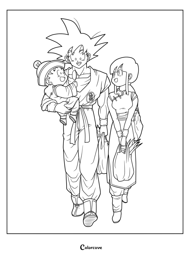 Dibujo para colorear de Dragon Ball con Goku, Milk y el bebé Gohan llevando juntos las compras.