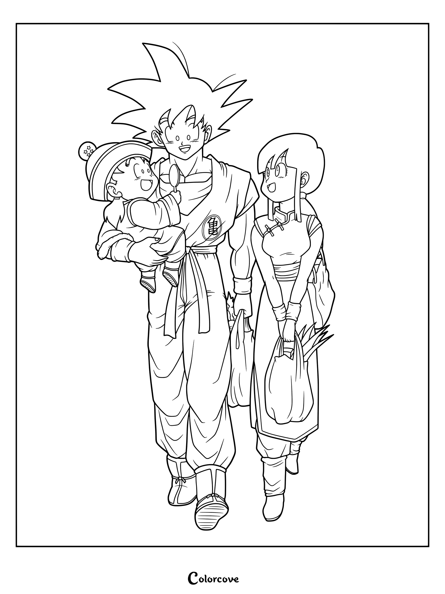 Dibujo para colorear de Dragon Ball con Goku, Milk y el bebé Gohan llevando juntos las compras.