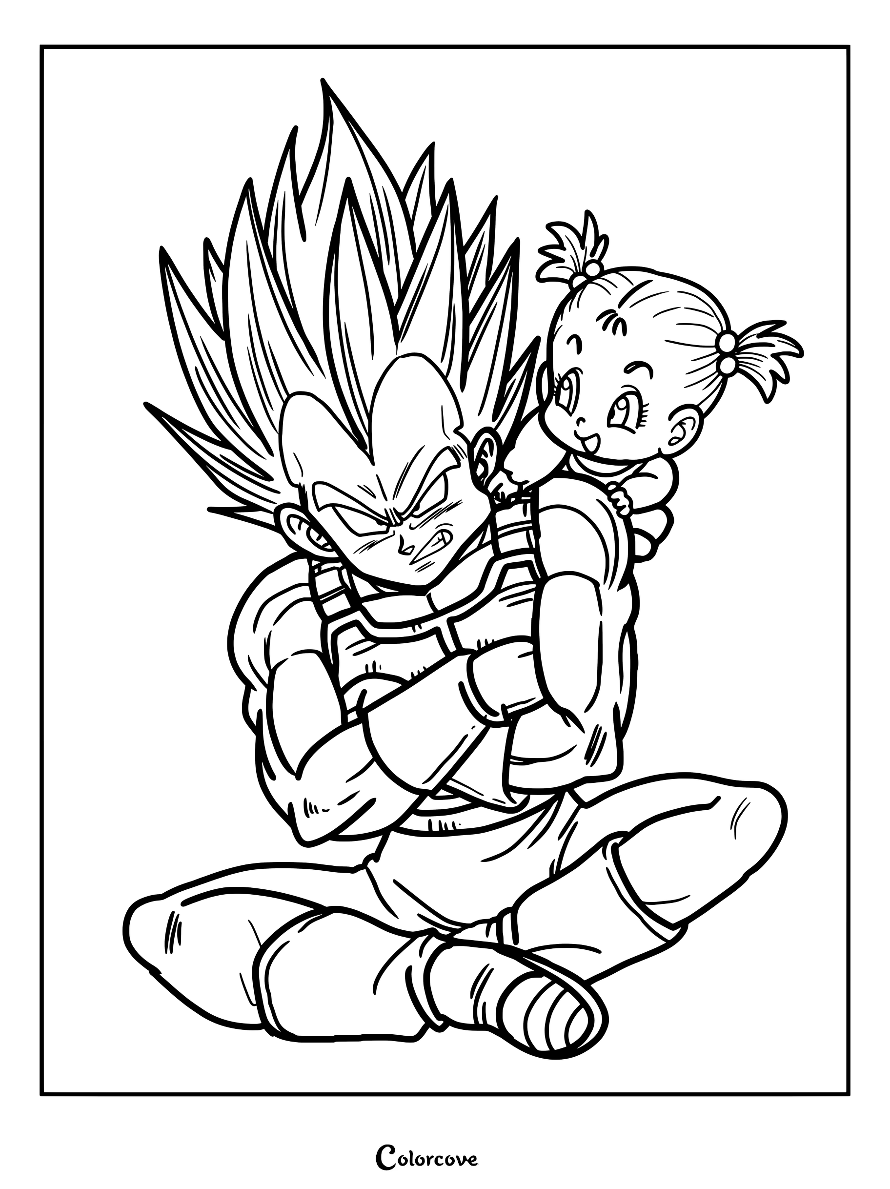 Dibujo para colorear de Dragon Ball con Vegeta sentado de brazos cruzados y expresión de disgusto mientras la pequeña Bra se le sube a la espalda.