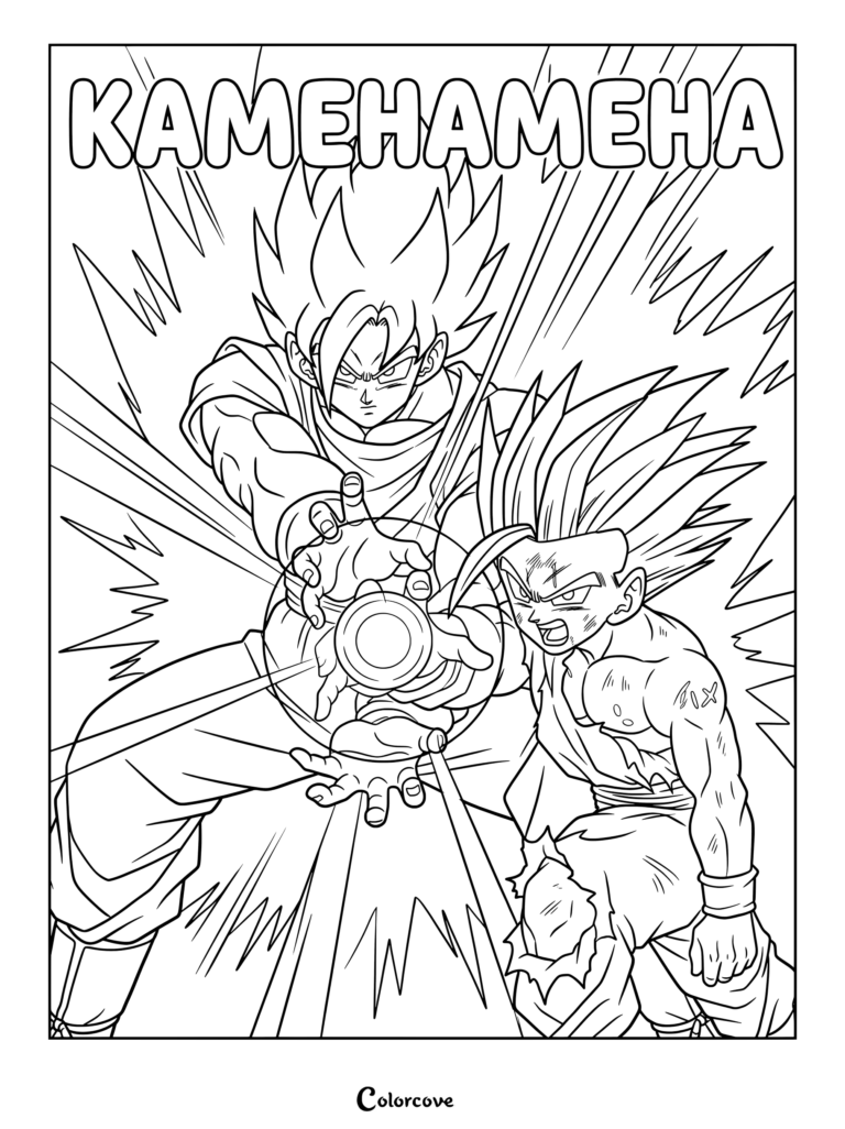 Gohan y Goku realizando el Kamehameha Padre e Hijo en una página para colorear llena de acción de Dragon Ball.