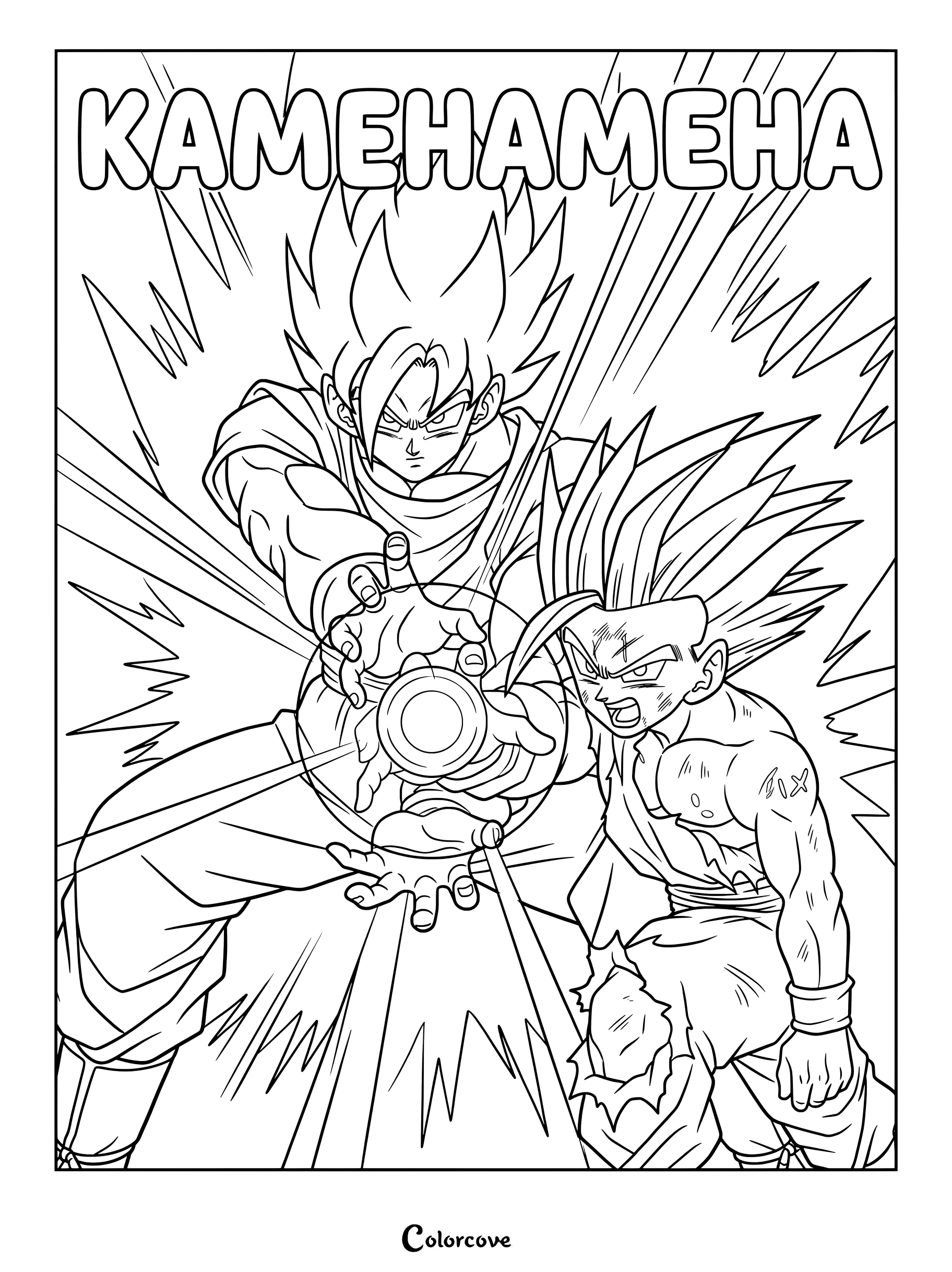 Gohan y Goku realizando el Kamehameha Padre e Hijo en una página para colorear llena de acción de Dragon Ball.