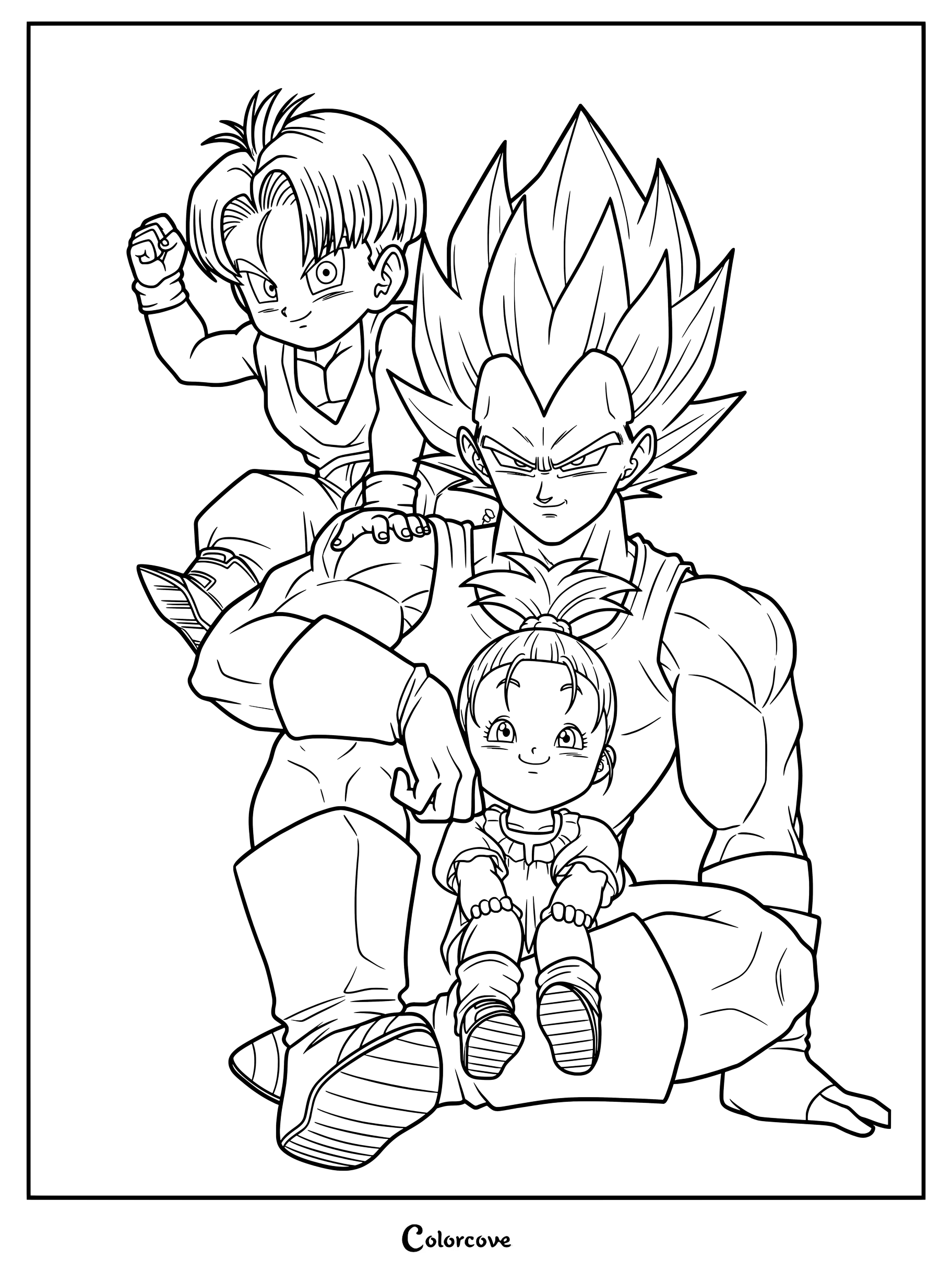 Dibujo para colorear de Dragon Ball con Vegeta y sus hijos pequeños, Trunks y Bra.