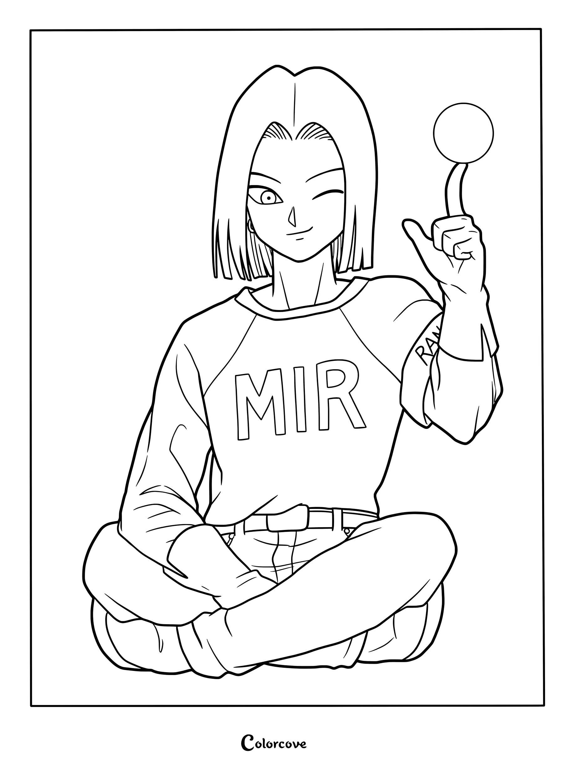 Dibujo para colorear del Androide 17 sentado con las piernas cruzadas de Dragon Ball Super