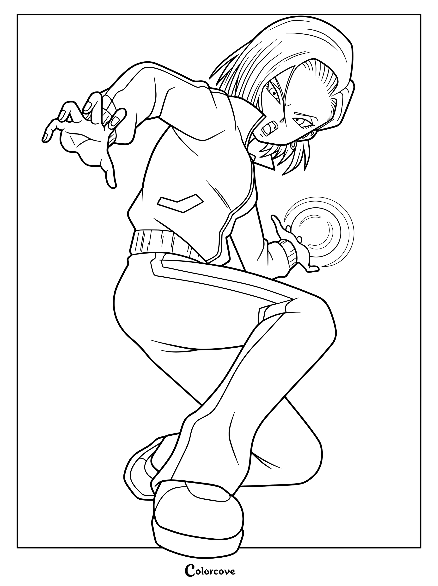 Dibujo para colorear del Androide 18 de Dragon Ball Super vistiendo su chándal rosa y blanco de la Saga de la Supervivencia del Universo