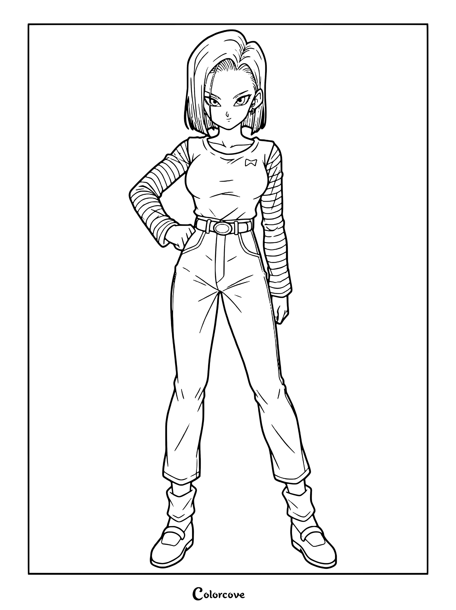Dibujo para colorear del Androide 18 de Dragon Ball Z con su característico cabello rubio, camiseta negra de manga corta con mangas a rayas y pantalones azules