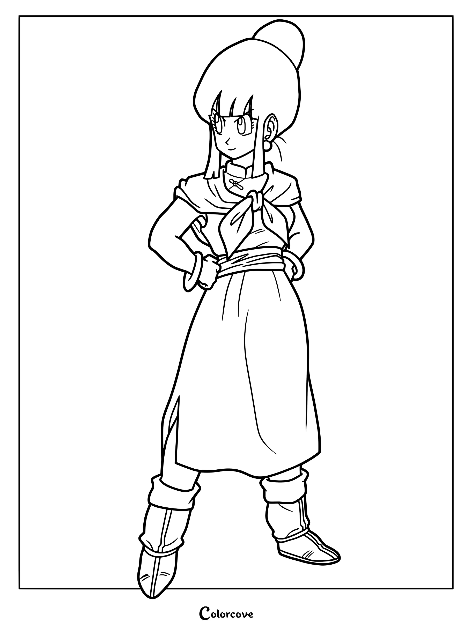 Dibujo para colorear e imprimir de Dragon Ball con Milk vistiendo su tradicional vestido morado y pañuelo naranja de la Saga Saiyajin.