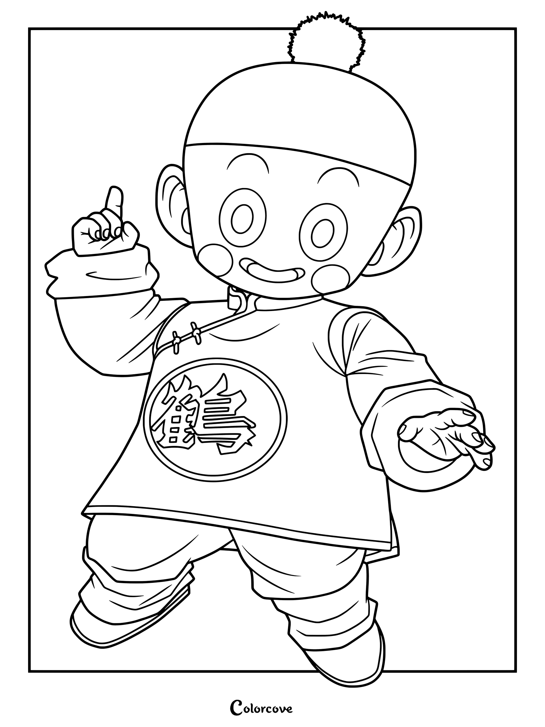 Dibujo para colorear de Chaos de Dragon Ball con su gorro característico y su atuendo con el símbolo de la grulla.