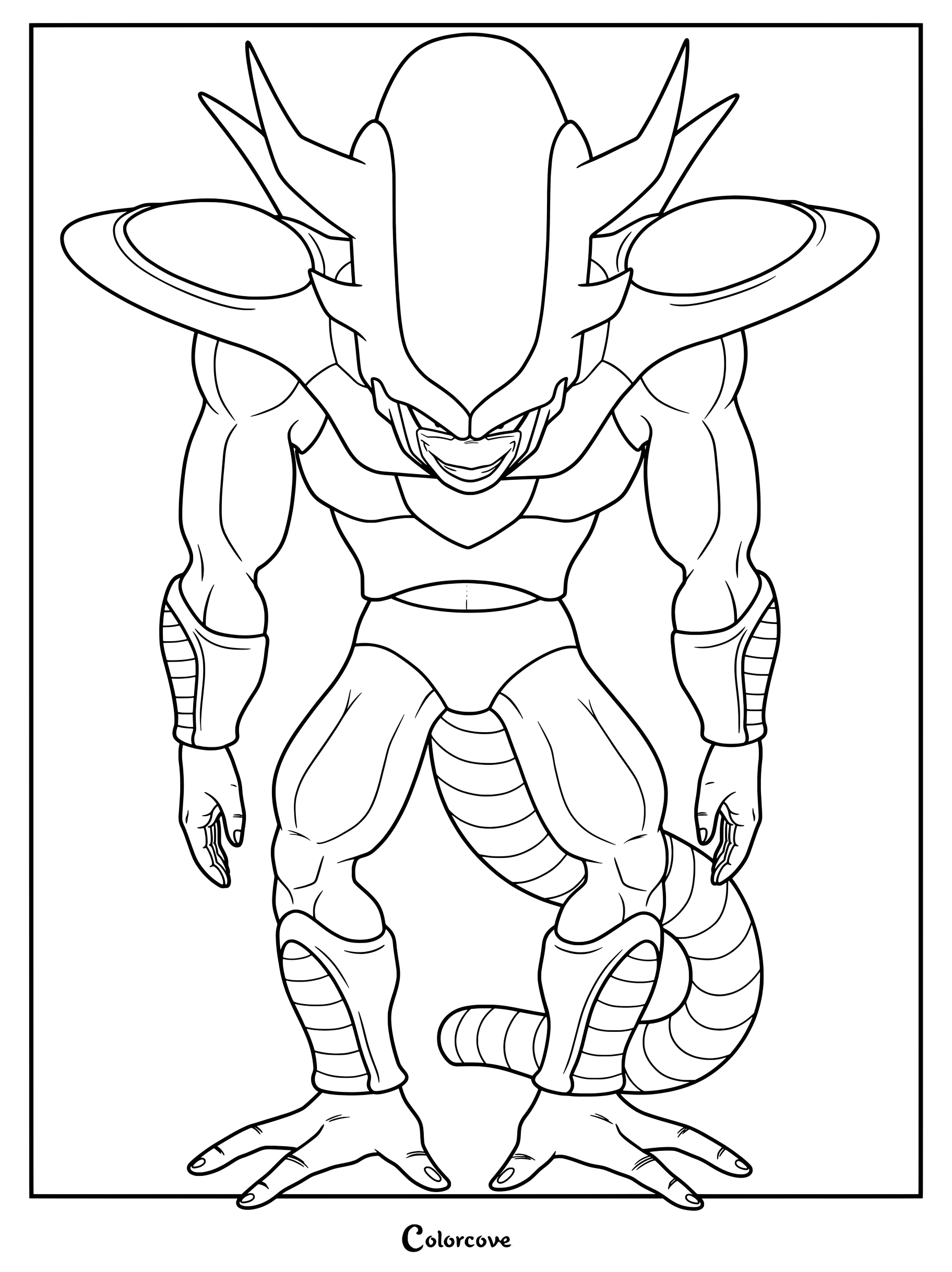 Dibujo para colorear de Dragon Ball con Freezer en su Tercera Forma con cabeza alargada y cuernos.
