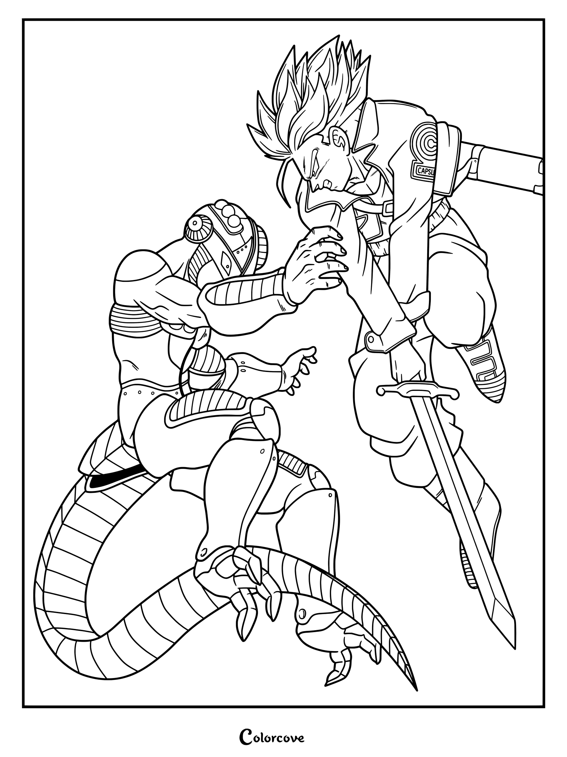Trunks del Futuro en forma de Super Saiyajin luchando contra Mecha Freezer en una página para colorear de Dragon Ball Z