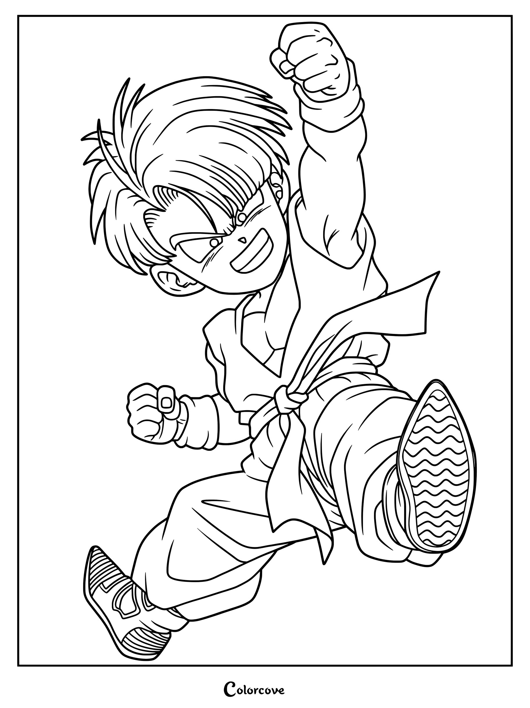 Dibujo para colorear de Trunks niño de Dragon Ball Z ejecutando una patada voladora dinámica