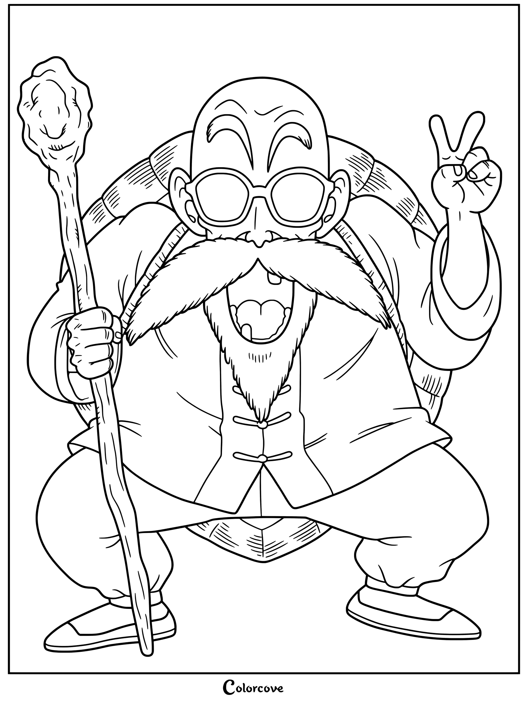 El Maestro Roshi sosteniendo un bastón de madera y haciendo la señal de la paz en este dibujo para colorear de Dragon Ball.