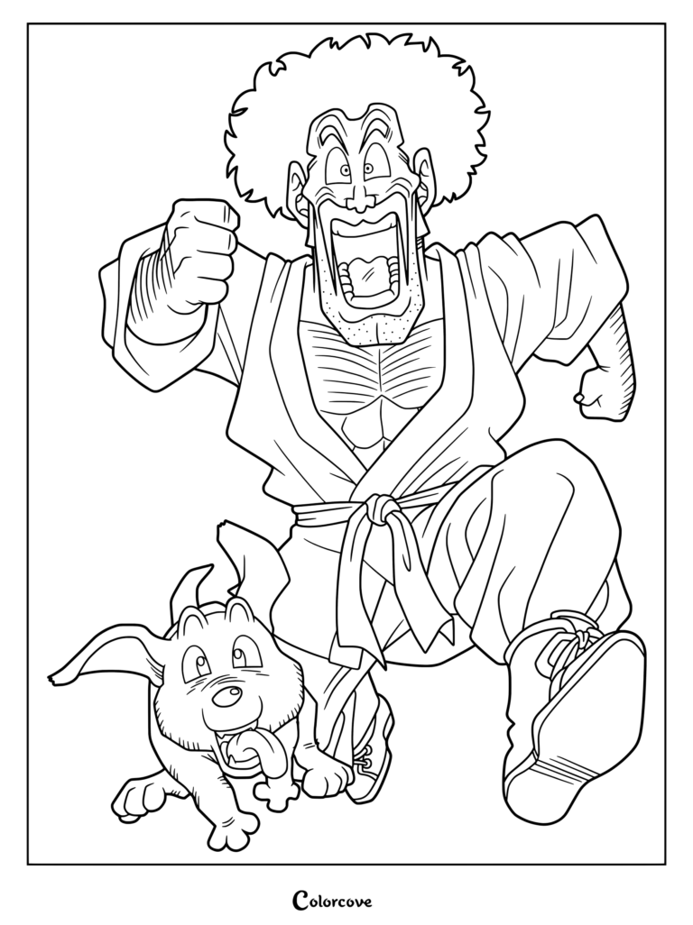 Dibujo para colorear e imprimir de Mr. Satán corriendo junto a su leal perro Bee de Dragon Ball Z.