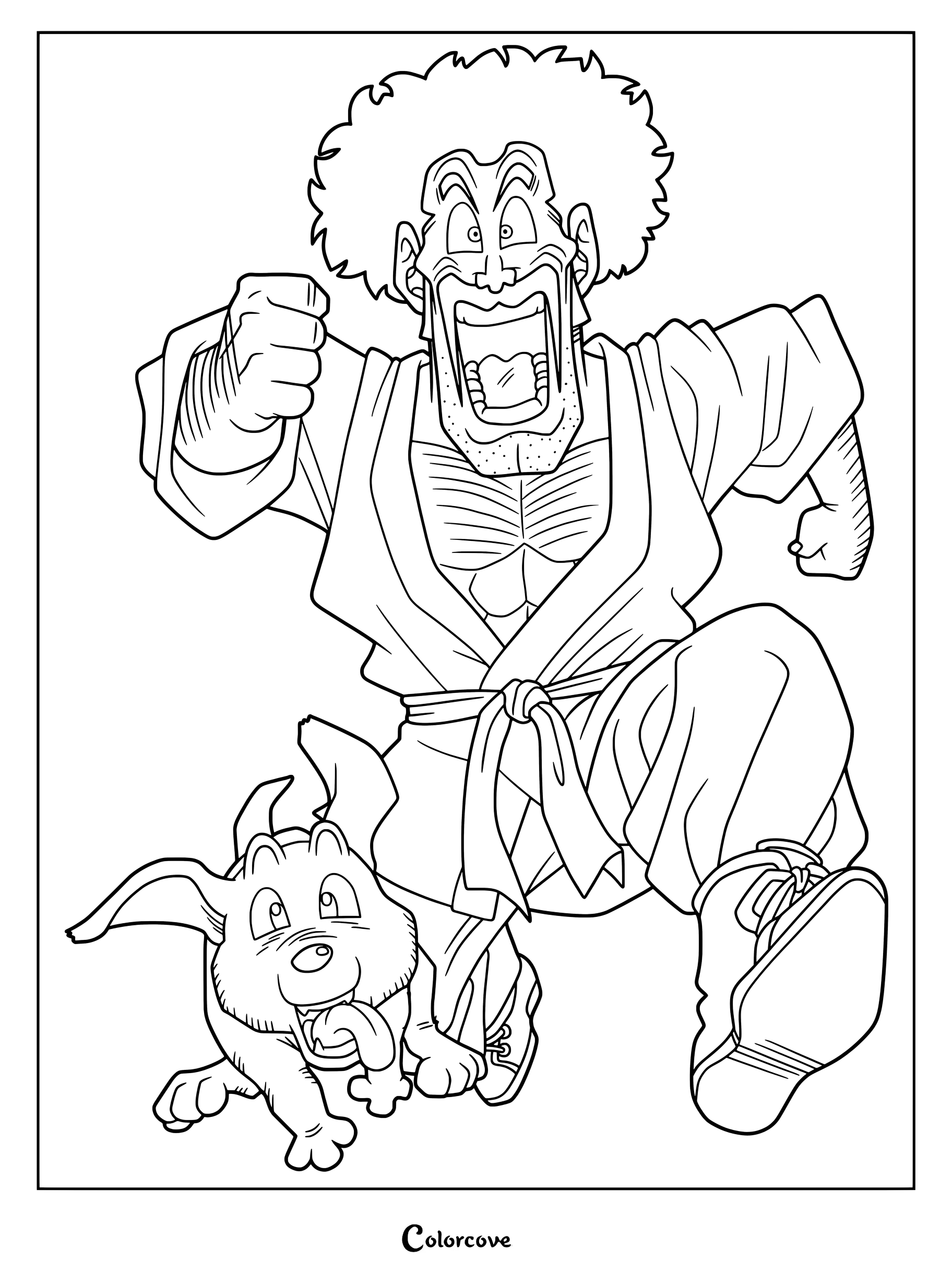 Dibujo para colorear e imprimir de Mr. Satán corriendo junto a su leal perro Bee de Dragon Ball Z.