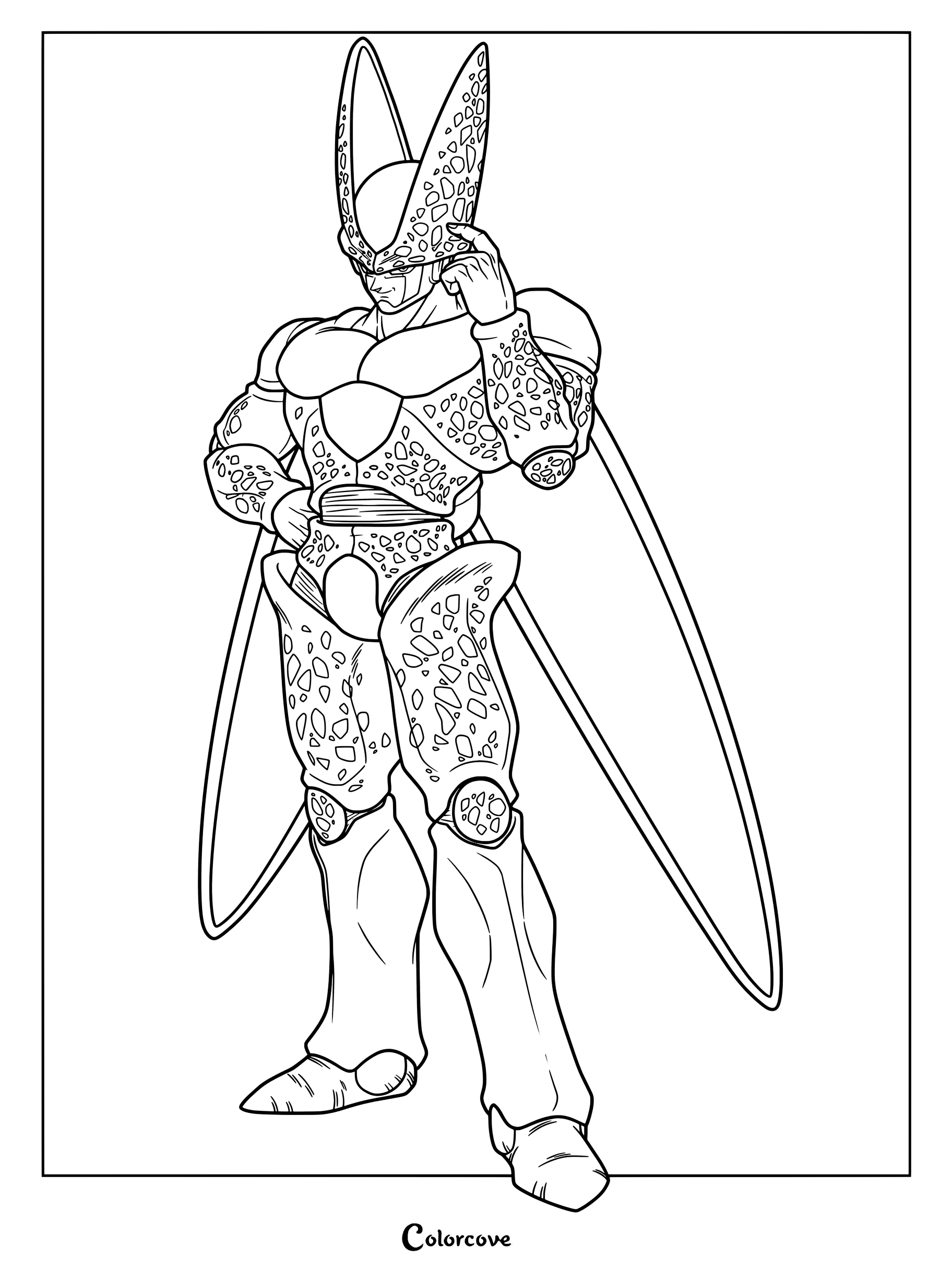 Dibujo para colorear e imprimir de Cell Perfecto de Dragon Ball Z en una pose confiada.