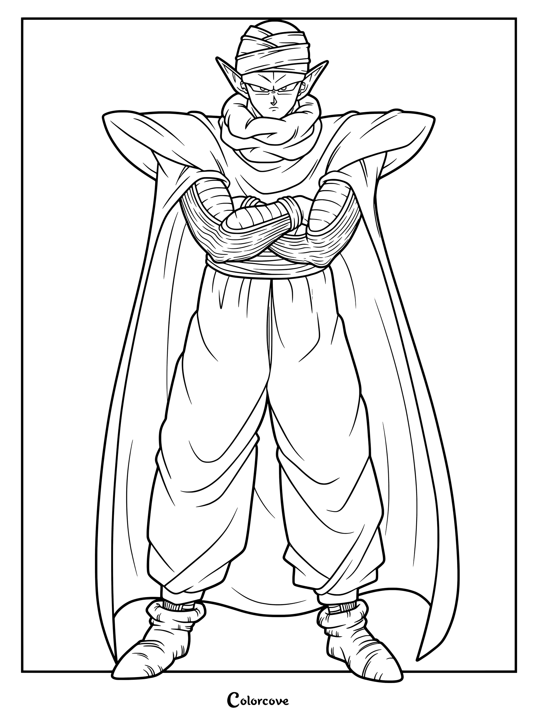 Dibujo para colorear de Piccolo de Dragon Ball con los brazos cruzados, vistiendo su capa pesada y turbante.