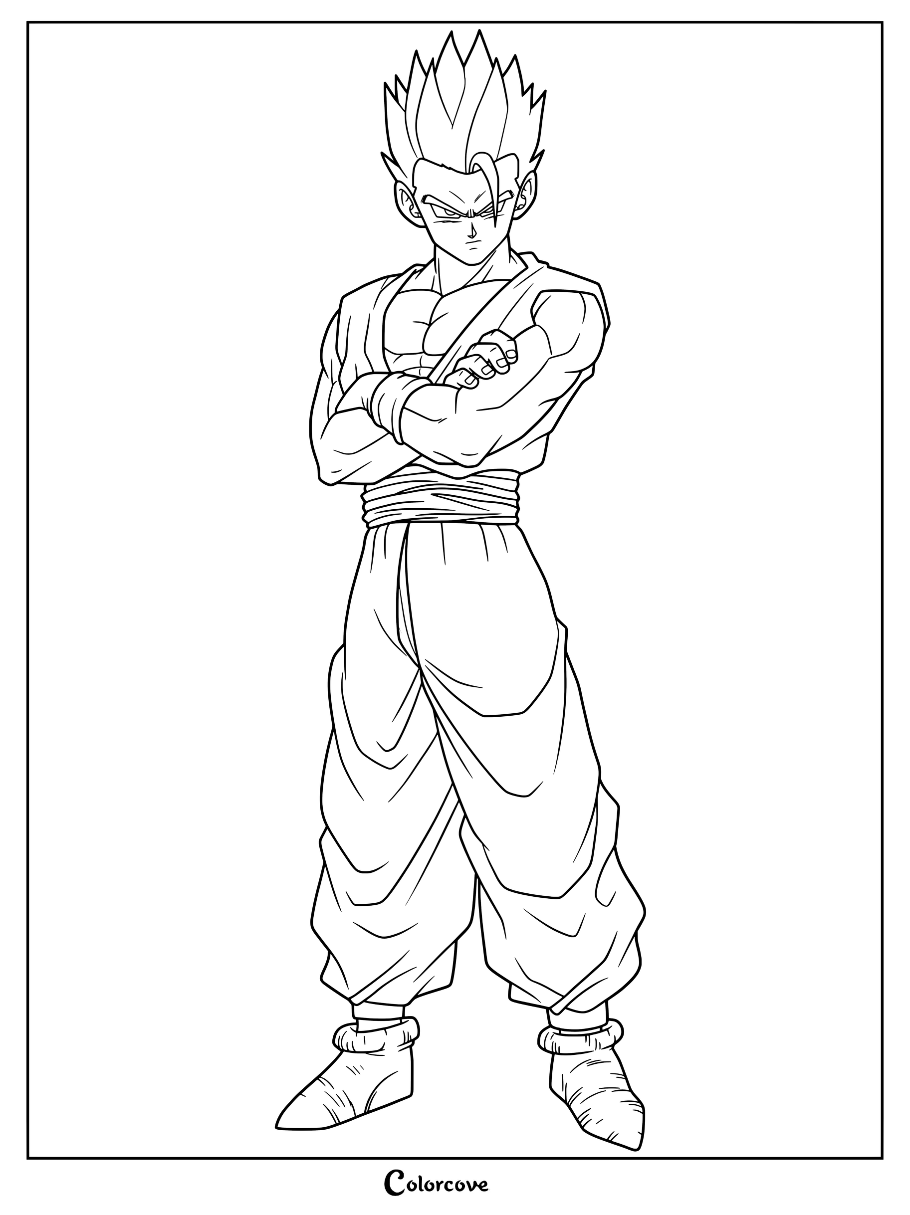 Dibujo para colorear de Dragon Ball con Son Gohan en su forma Definitiva vistiendo su gi morado y azul con los brazos cruzados.