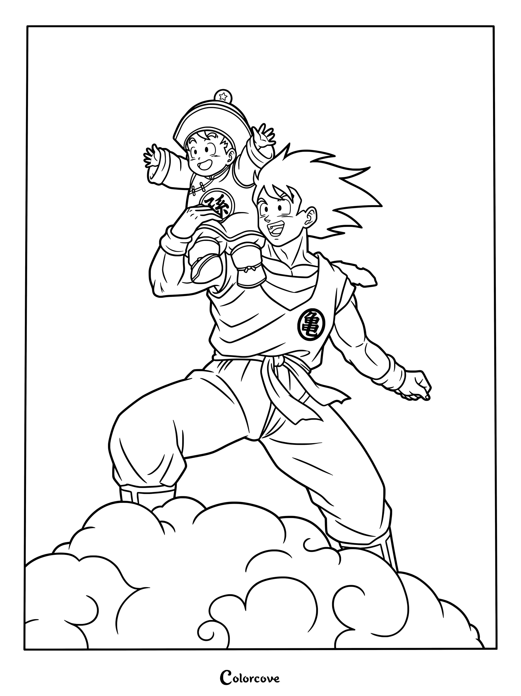 Dibujo para colorear de Dragon Ball con Son Goku llevando al bebé Son Gohan sobre sus hombros encima de la Nube Voladora.