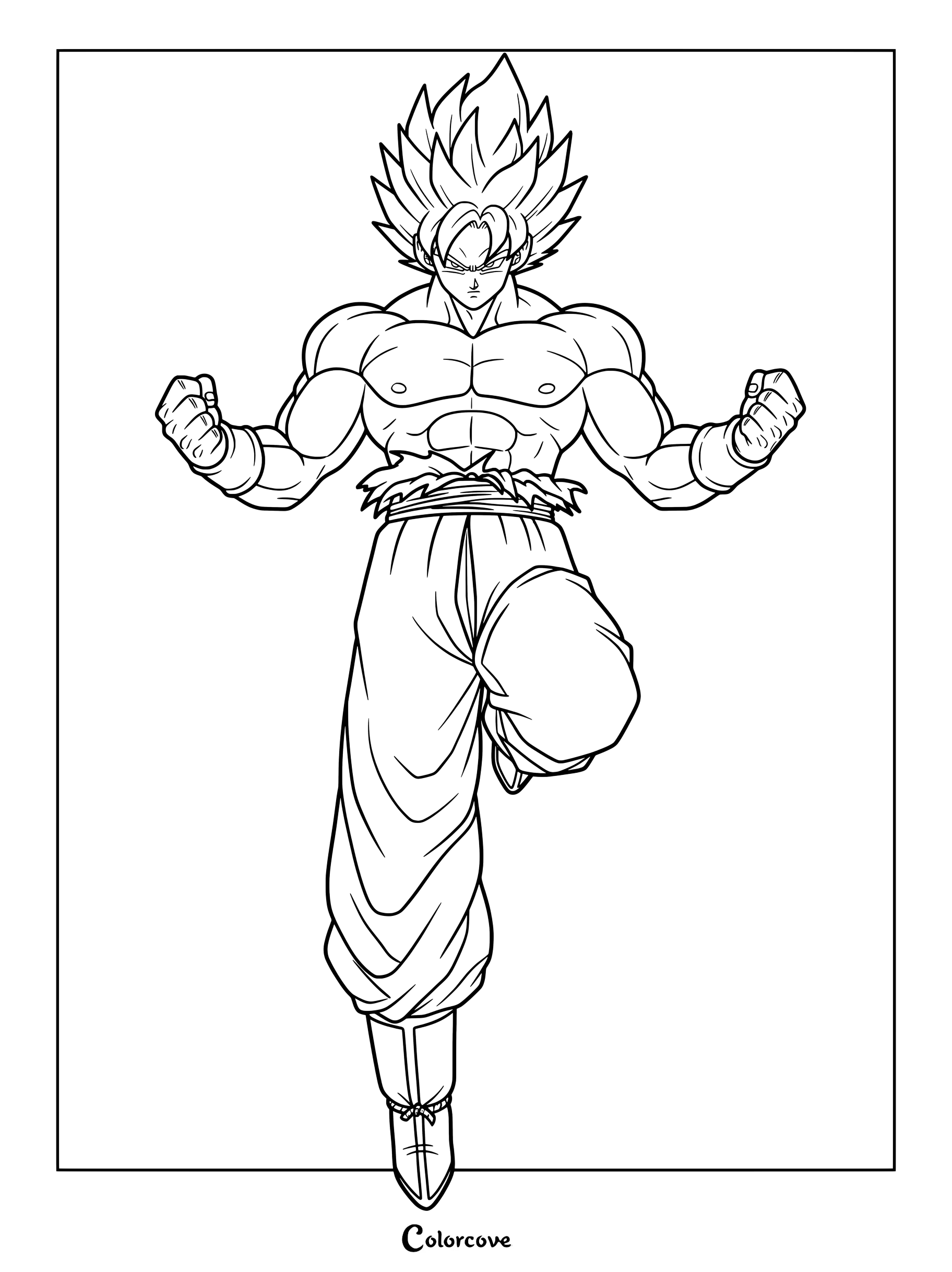 Dibujo para colorear de Dragon Ball con Son Goku transformado en Super Saiyajin con su cabello erizado y dōgi de artes marciales.