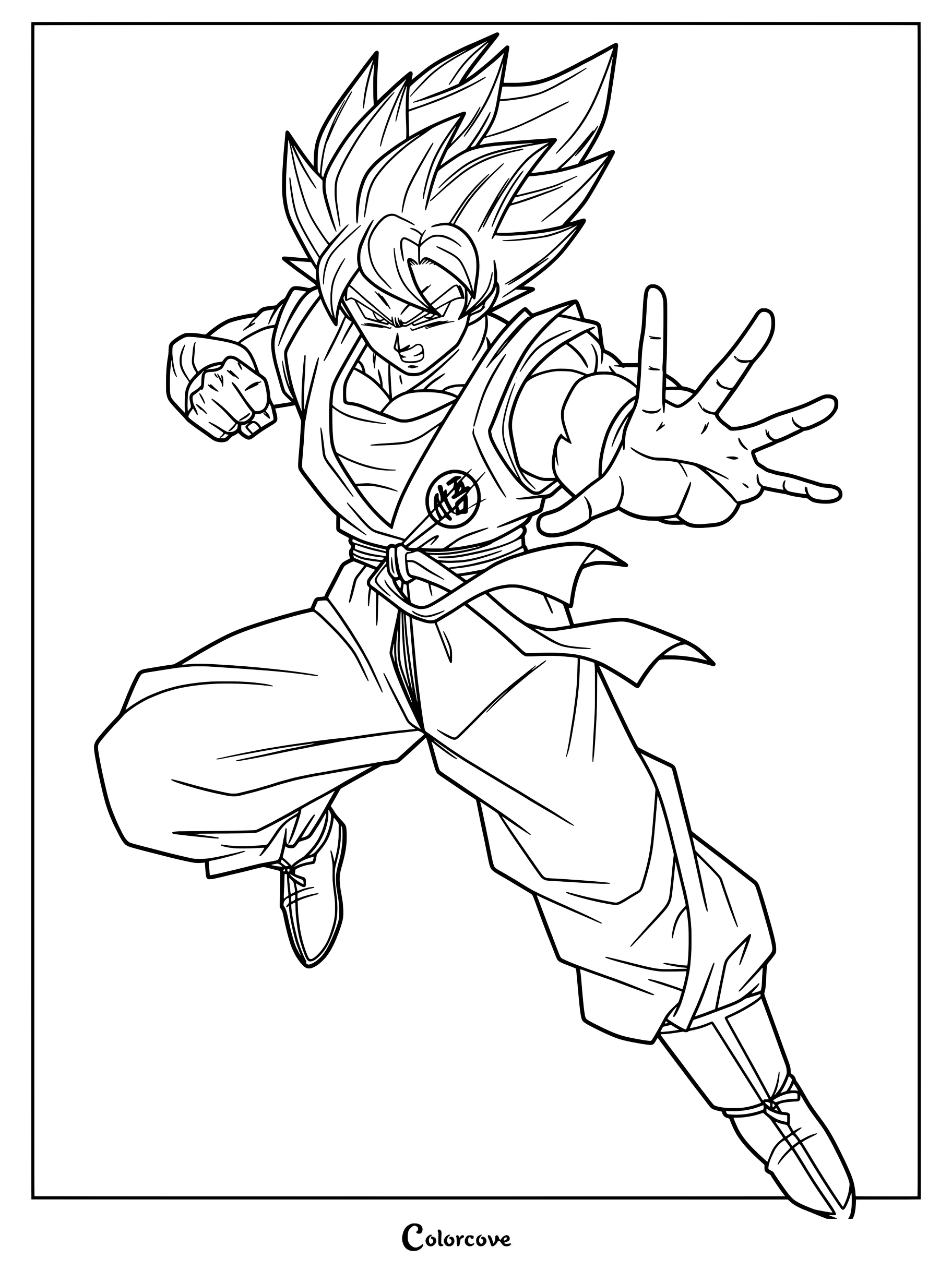Dibujo para colorear de Dragon Ball con Son Goku transformado en Super Saiyajin cargando un ataque con la mano extendida.