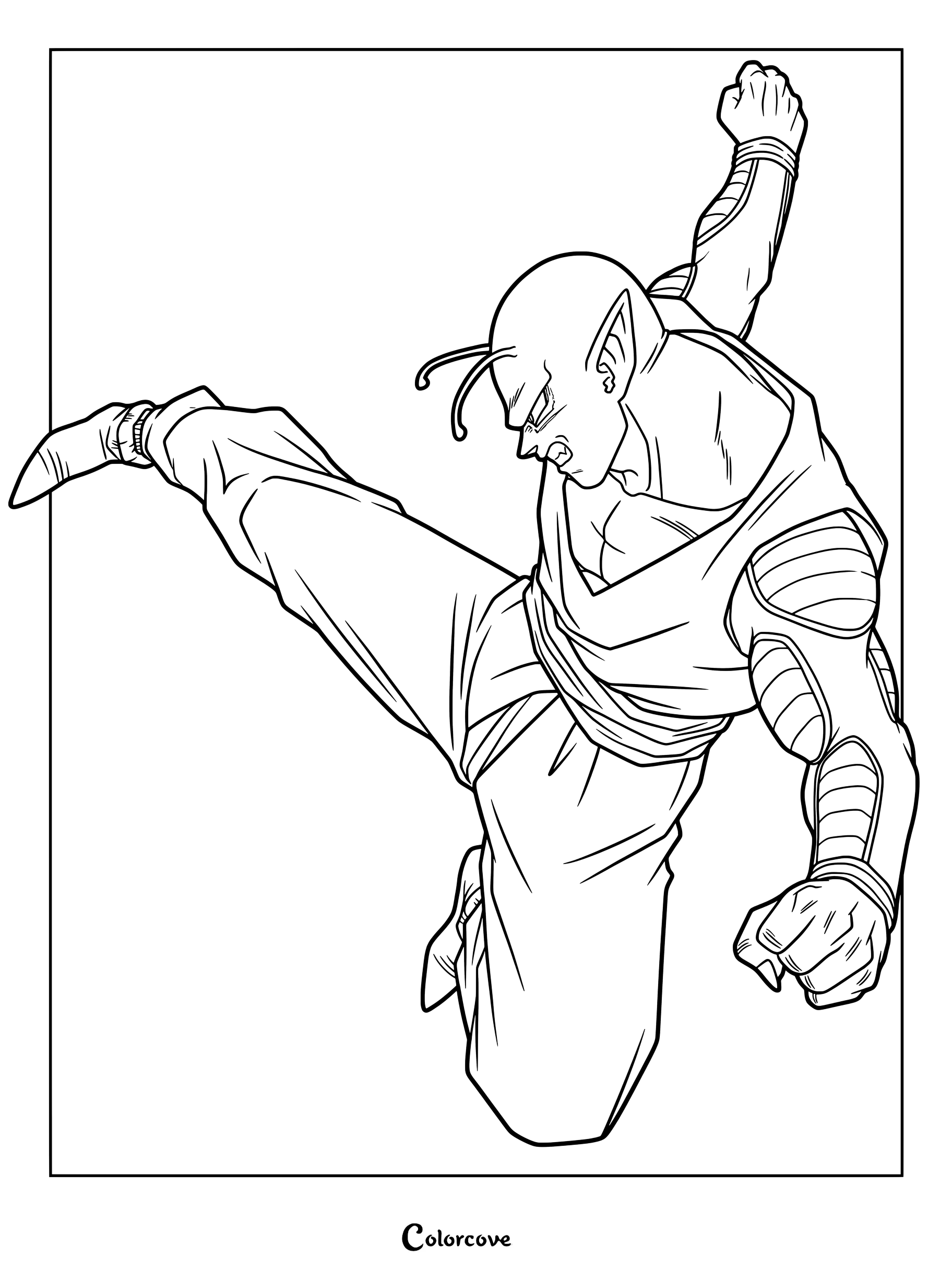 Piccolo asestando una poderosa patada voladora en este dibujo para colorear lleno de acción de Dragon Ball.