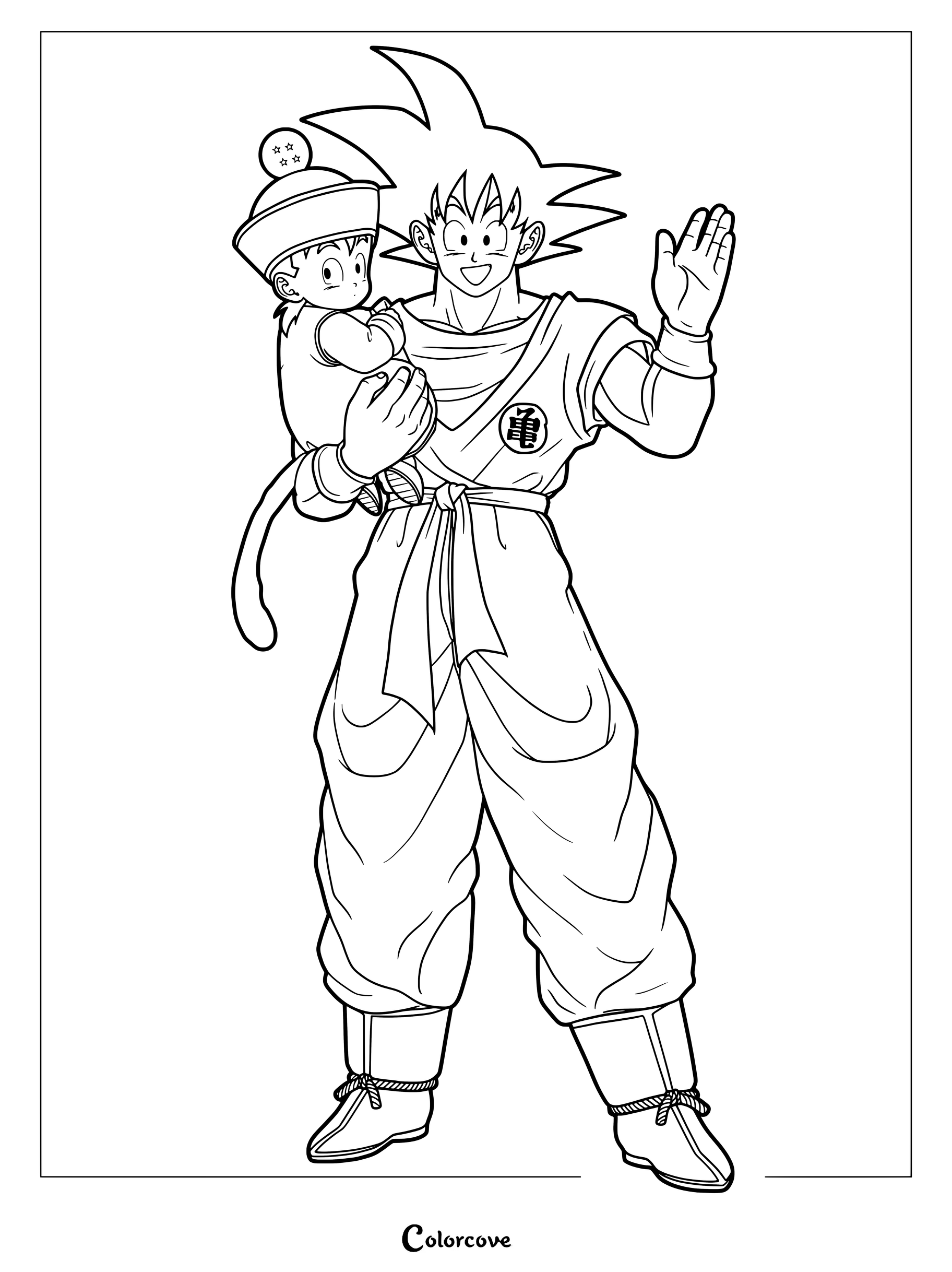 Dibujo de Dragon Ball Z para colorear de Son Goku sosteniendo a su hijo bebé, Gohan, quien lleva un sombrero con una esfera de cuatro estrellas.