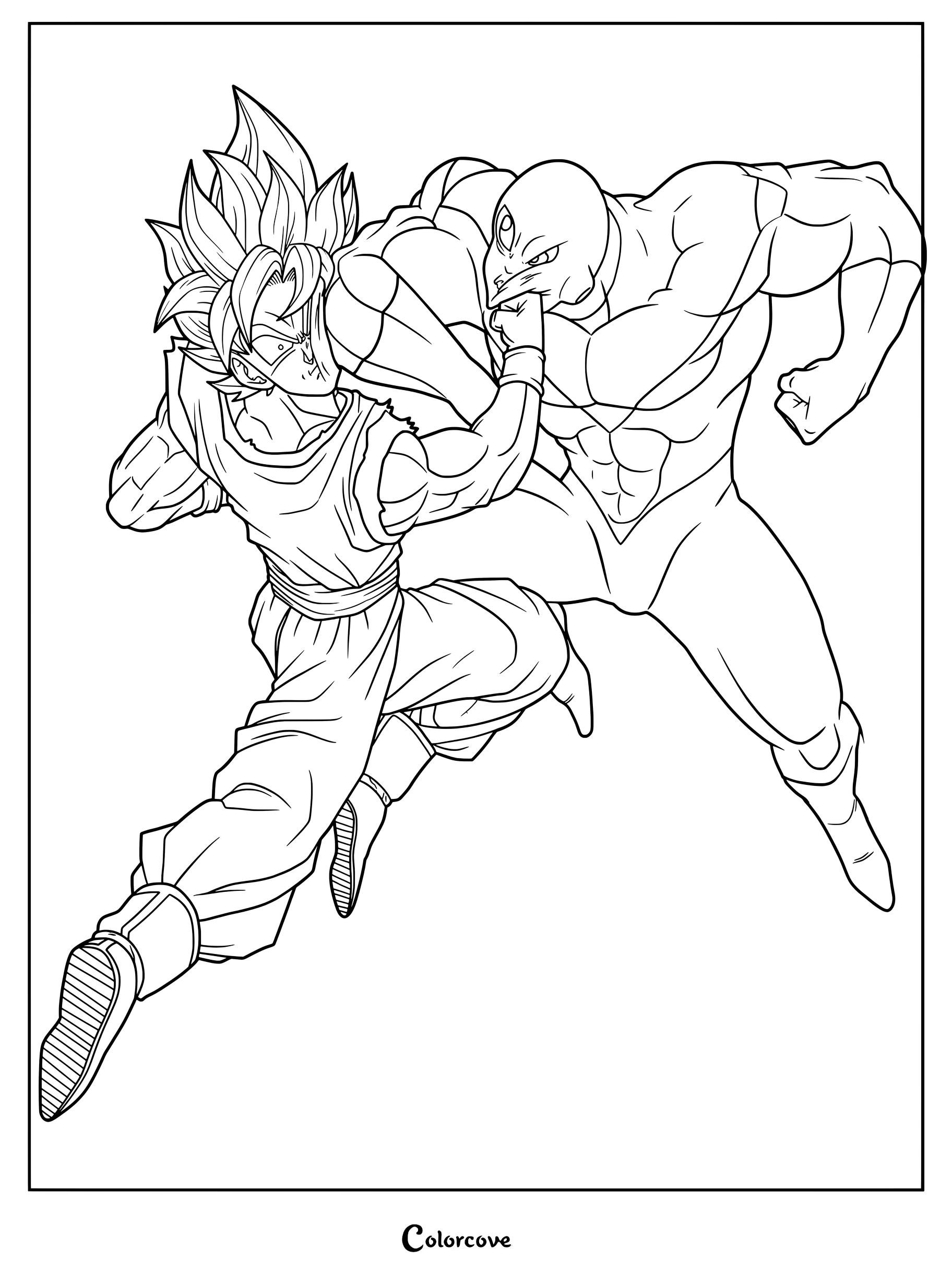 Página para colorear de Dragon Ball con Son Goku en su forma de Super Saiyajin Blue luchando contra Jiren en una pose de acción dinámica