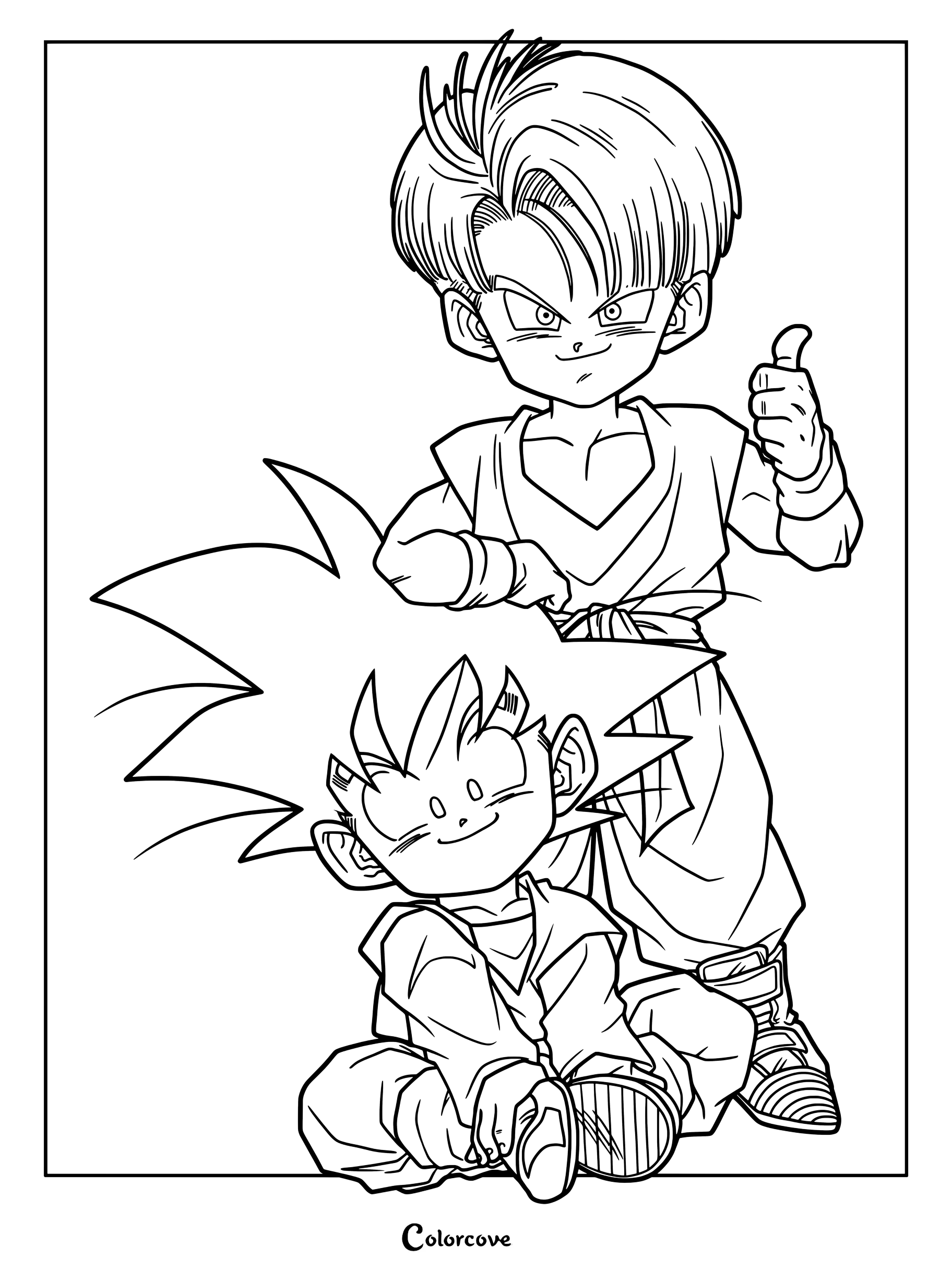 Dibujo para colorear de Dragon Ball Z con el niño Son Goten sentado y Trunks de pie mostrando el pulgar arriba.