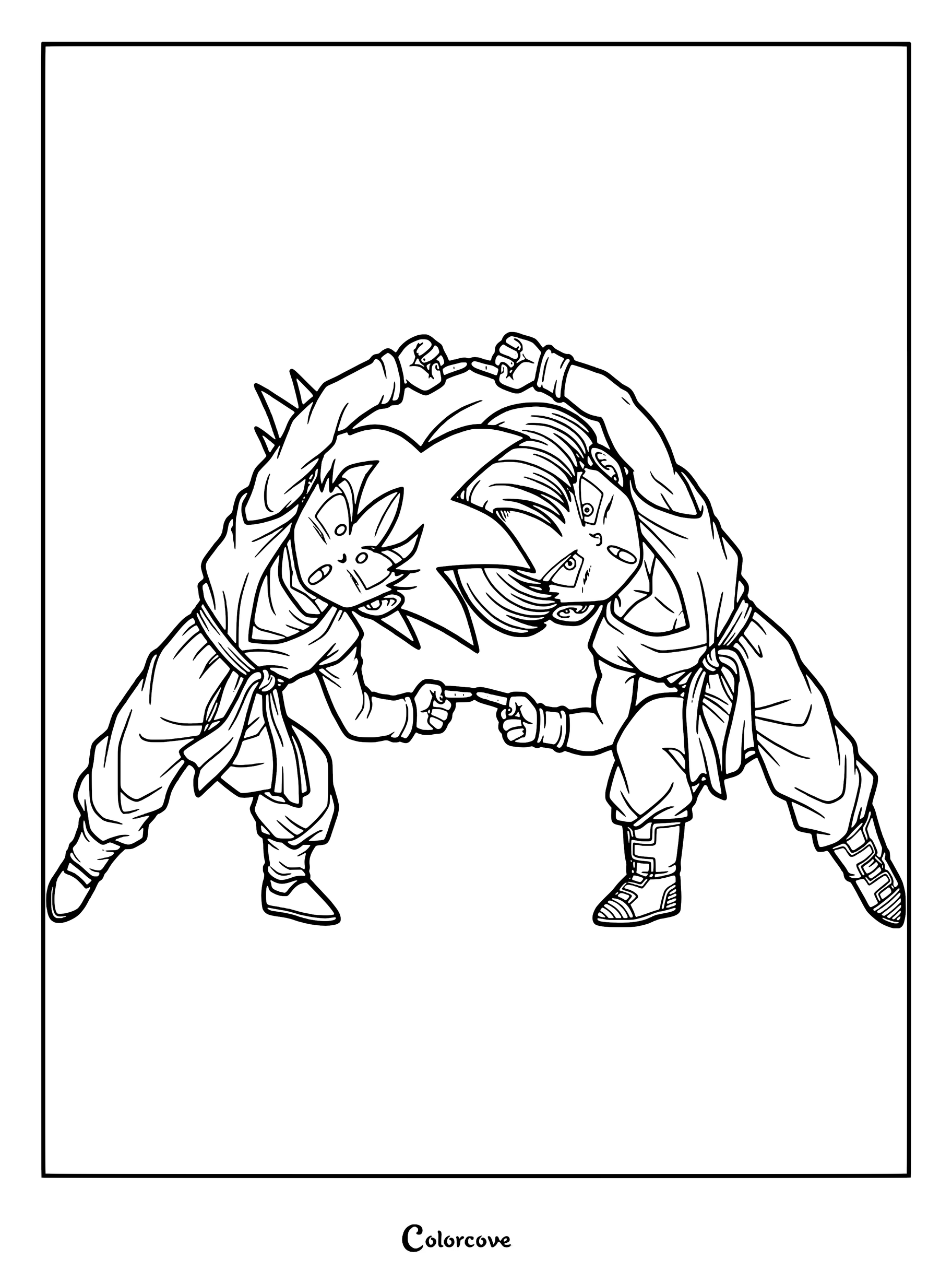Dibujo para colorear de Son Goten y Trunks de Dragon Ball Z realizando la divertida Danza de la Fusión.
