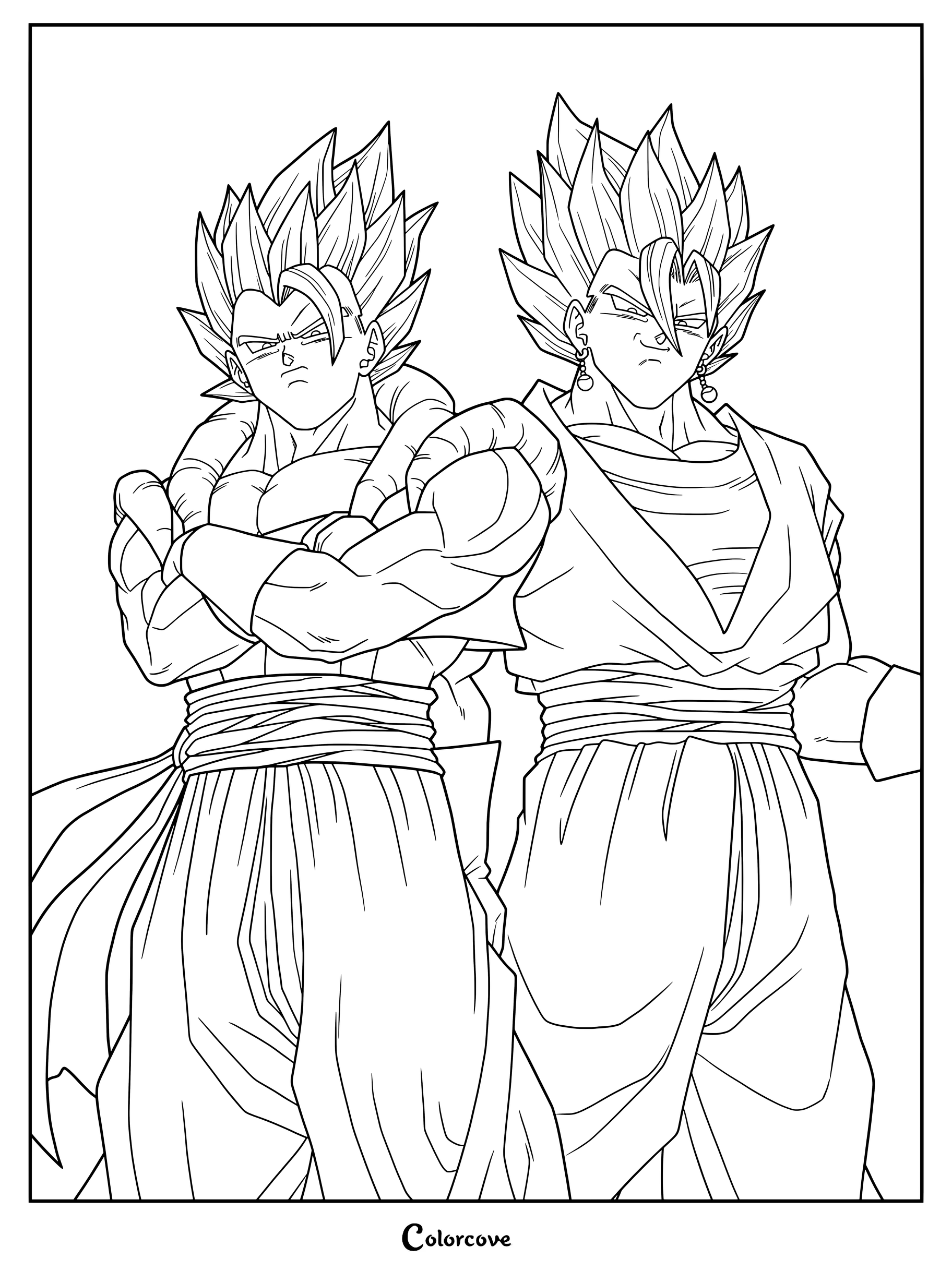 Página para colorear de Dragon Ball con Gogeta Super Saiyajin a la izquierda y Vegetto Super Saiyajin a la derecha.