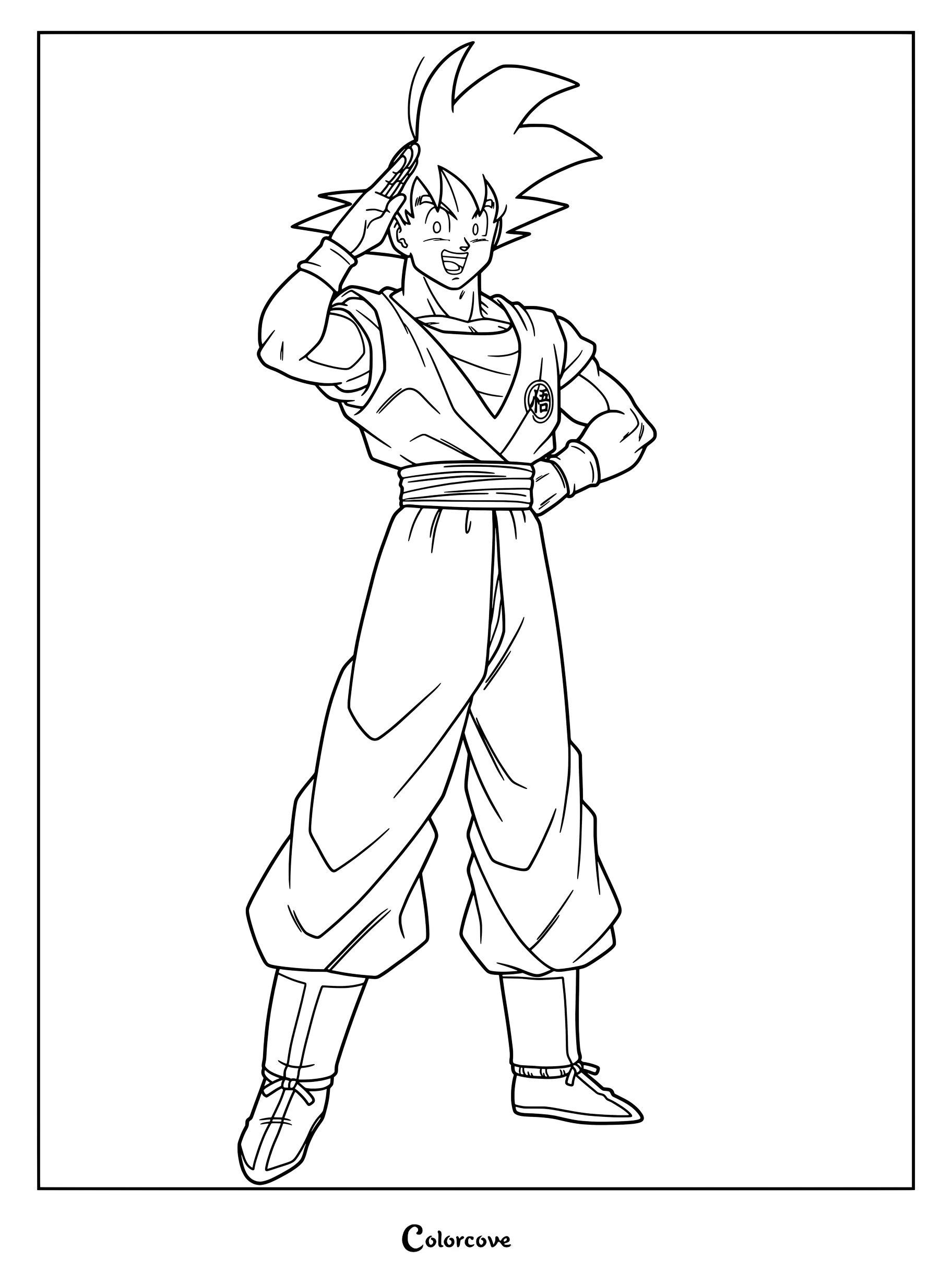 Dibujo para colorear de Dragon Ball con Son Goku en su forma base habitual, vistiendo su emblemático dōgi de artes marciales naranja y azul con muñequeras azules.