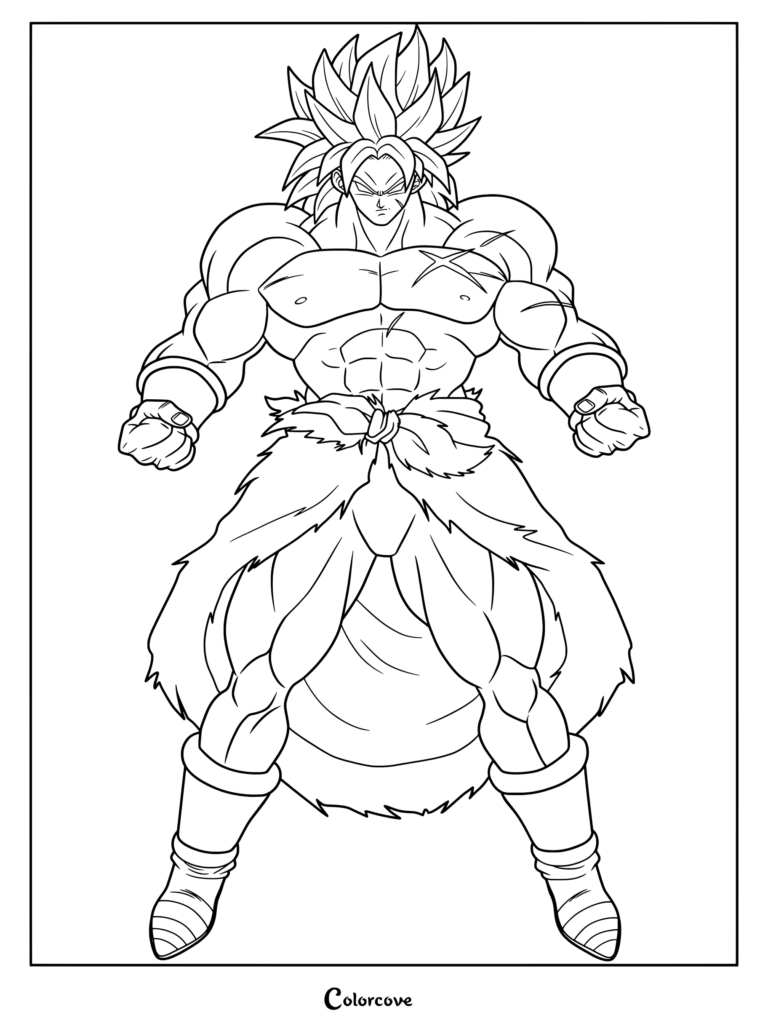 Página para colorear de Dragon Ball con Broly en su forma de Super Saiyajin Legendario a todo poder.