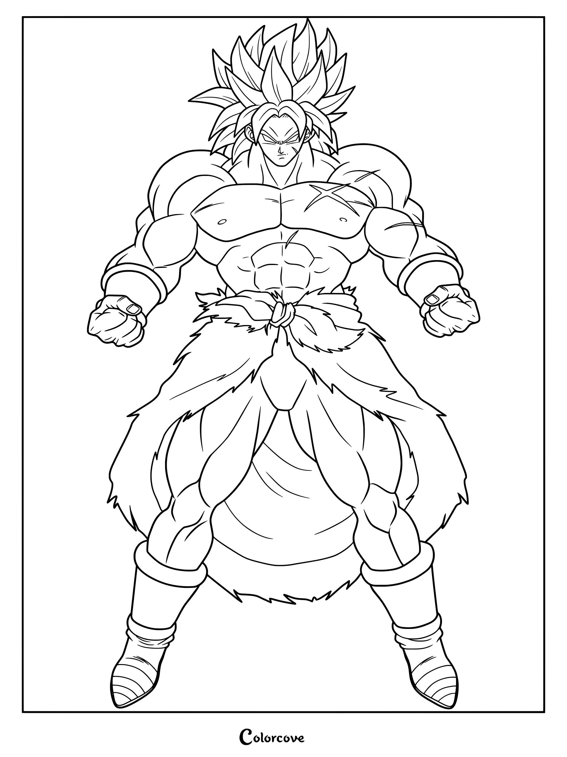 Página para colorear de Dragon Ball con Broly en su forma de Super Saiyajin Legendario a todo poder.