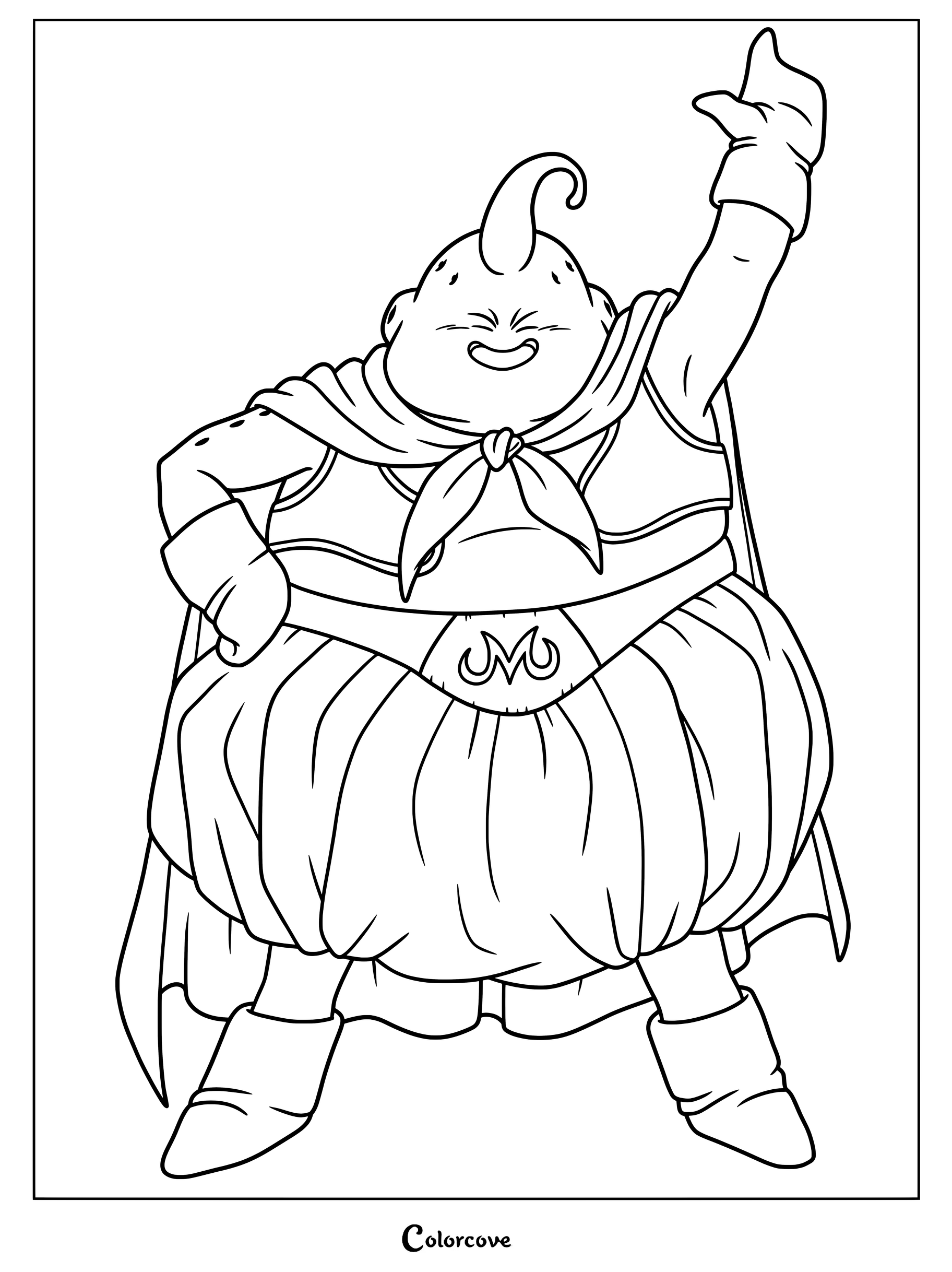 Majin Buu posando alegremente en un dibujo para colorear de Dragon Ball.