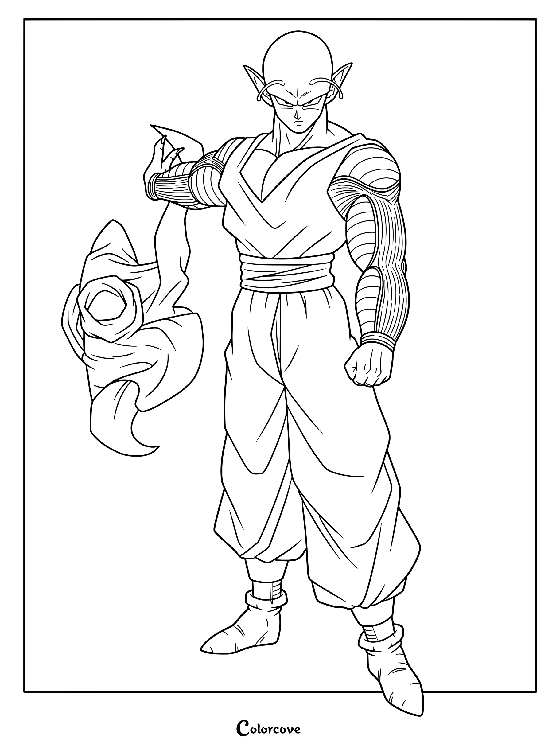 Piccolo quitándose su pesada capa de entrenamiento en este dibujo para colorear de Dragon Ball.