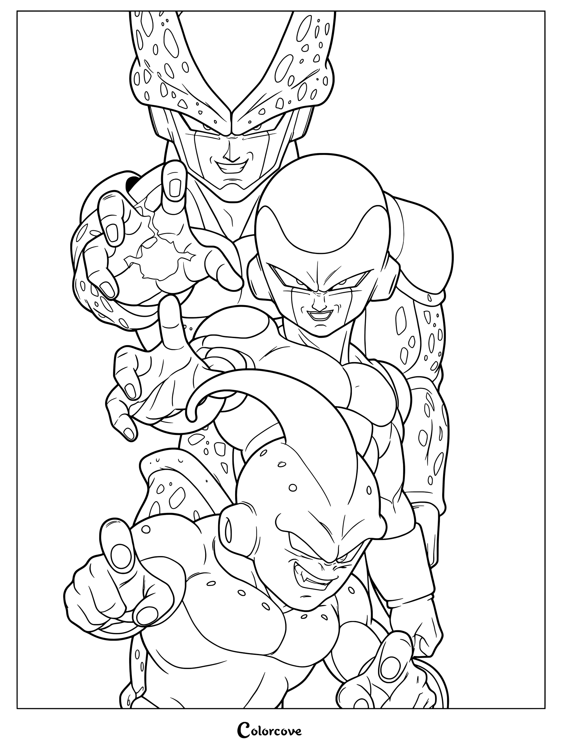 Dibujo de Dragon Ball Z para colorear con los tres villanos principales, Cell, Freezer y Pequeño Buu, posando juntos.