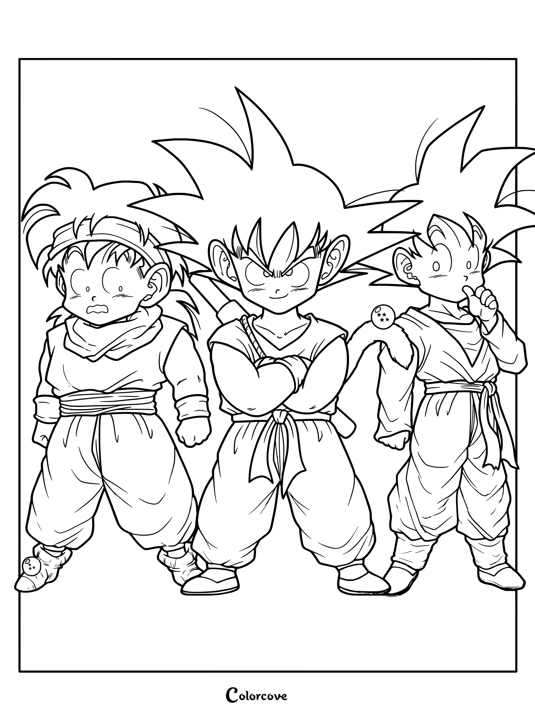 Dibujo para colorear e imprimir con tres jóvenes miembros de la familia Son de Dragon Ball.
