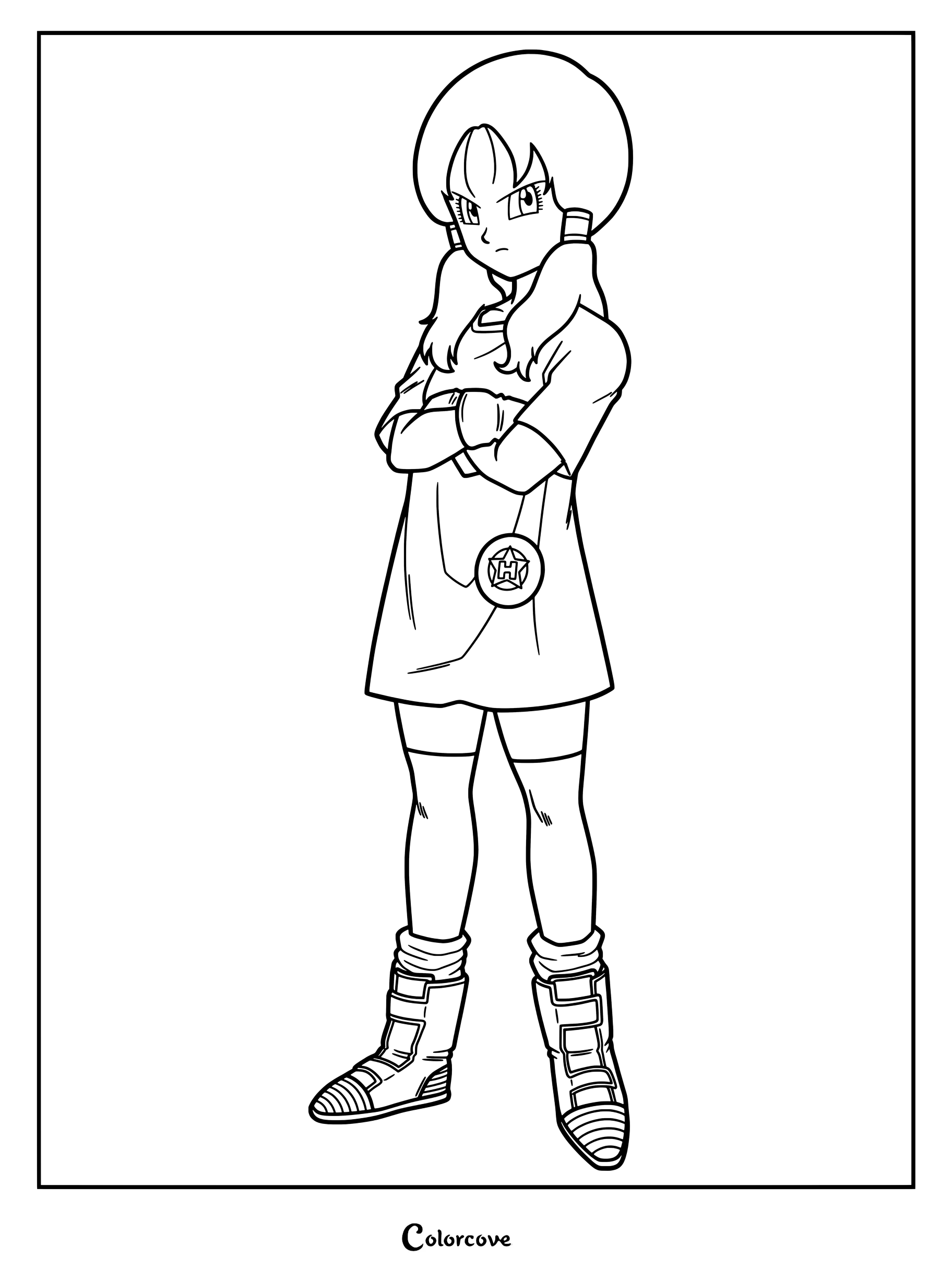 Dibujo para colorear e imprimir de Dragon Ball con Videl luciendo su clásico atuendo de cabello largo con camiseta blanca, mallas cortas negras y botas verdes.