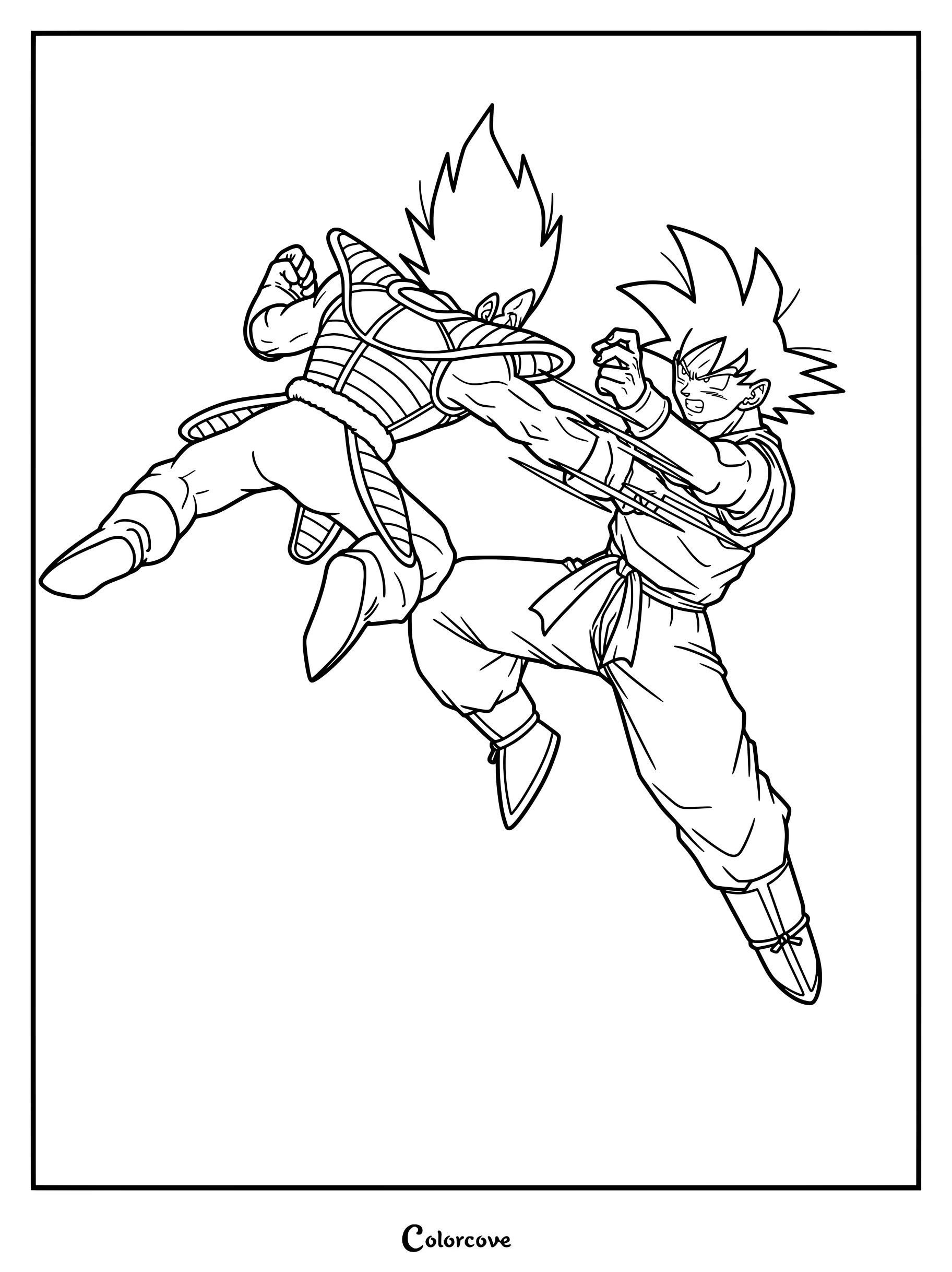 Página para colorear de Dragon Ball con Son Goku con su aura de Kaio-ken enfrentándose a Vegeta con armadura saiayjin durante un enfrentamiento clásico.