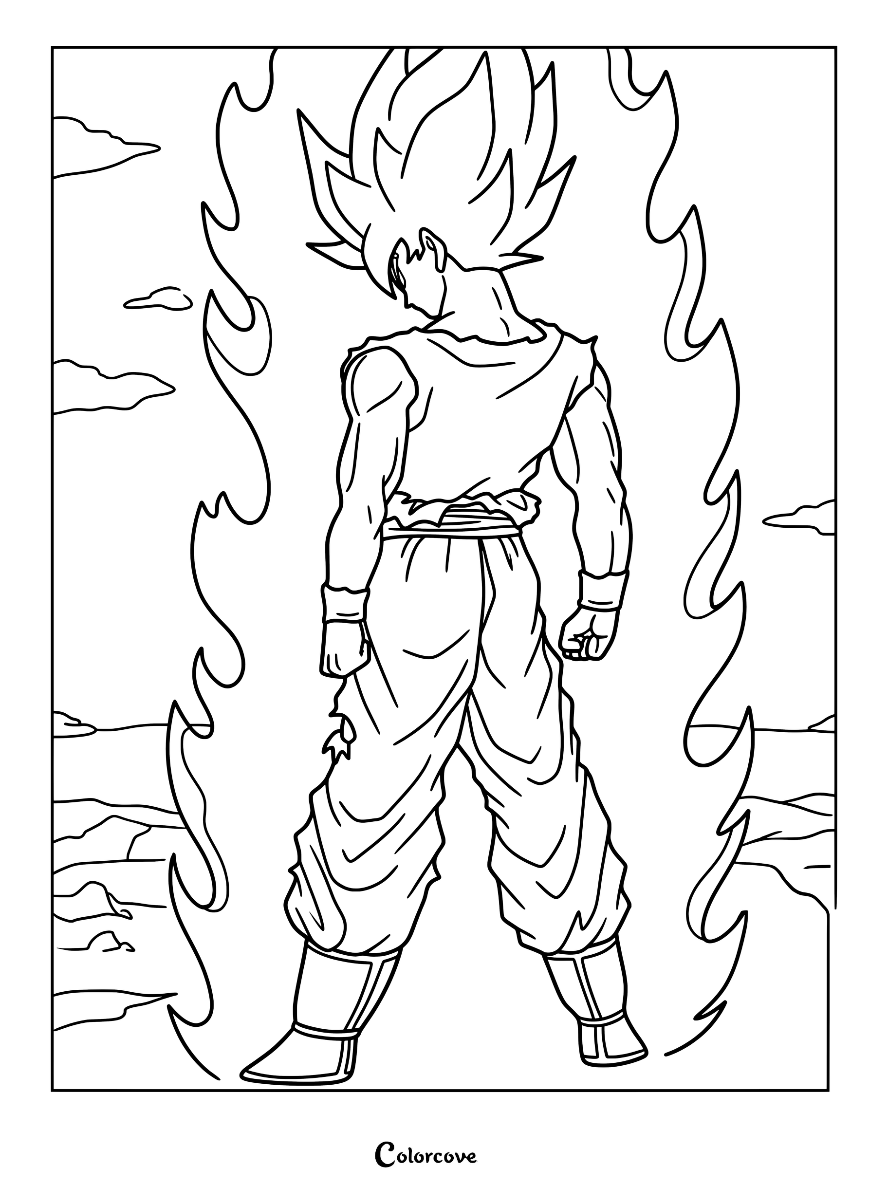 Dibujo para colorear de Dragon Ball con Son Goku transformándose en Super Saiyajin durante su batalla contra Freezer.