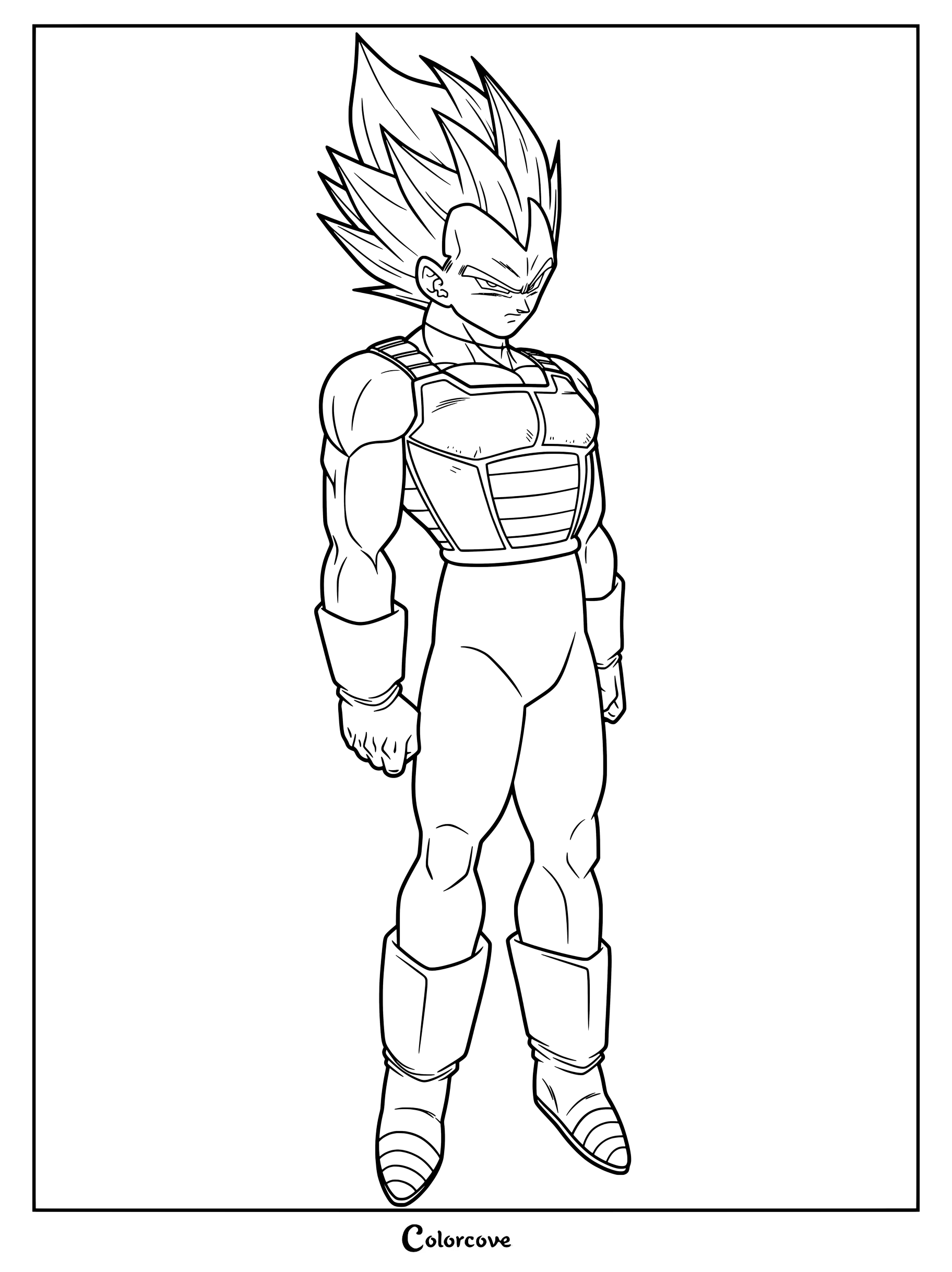 Vegeta de pie con su armadura en una página para colorear de Dragon Ball