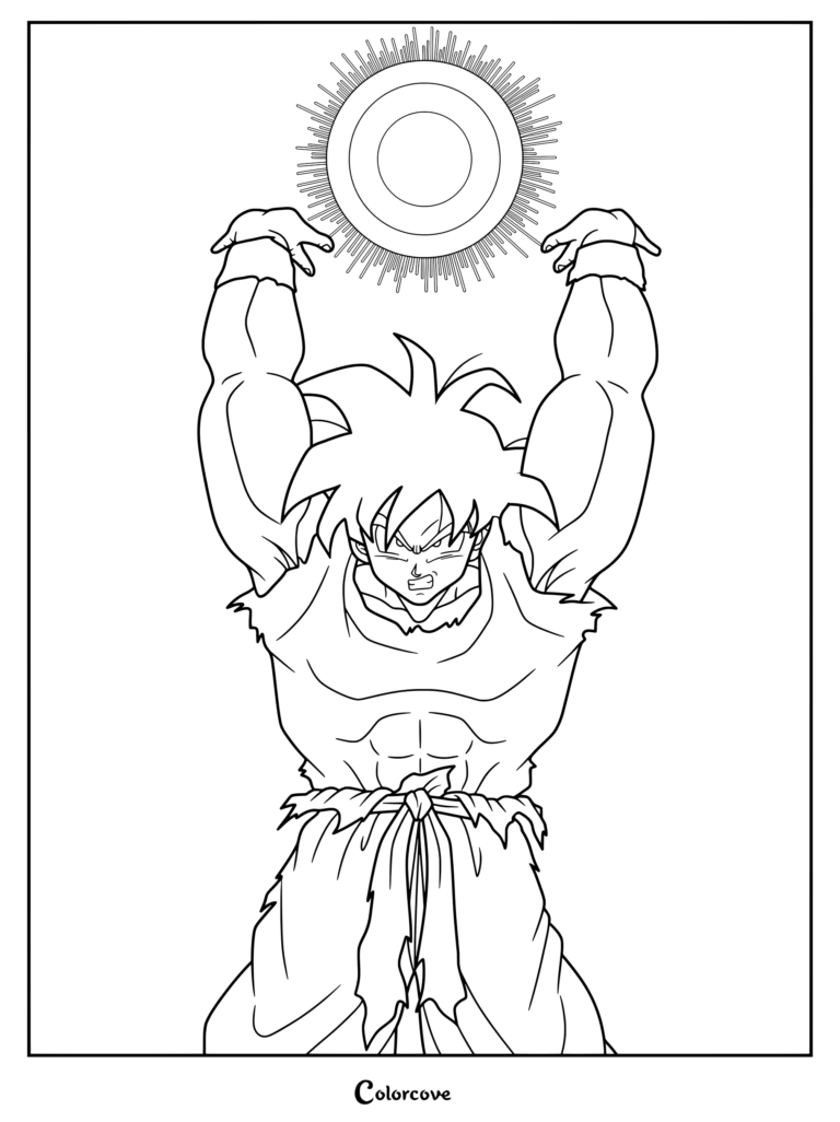 Dibujo para colorear de Dragon Ball con Goku preparando la Genkidama con los brazos en alto reuniendo energía.