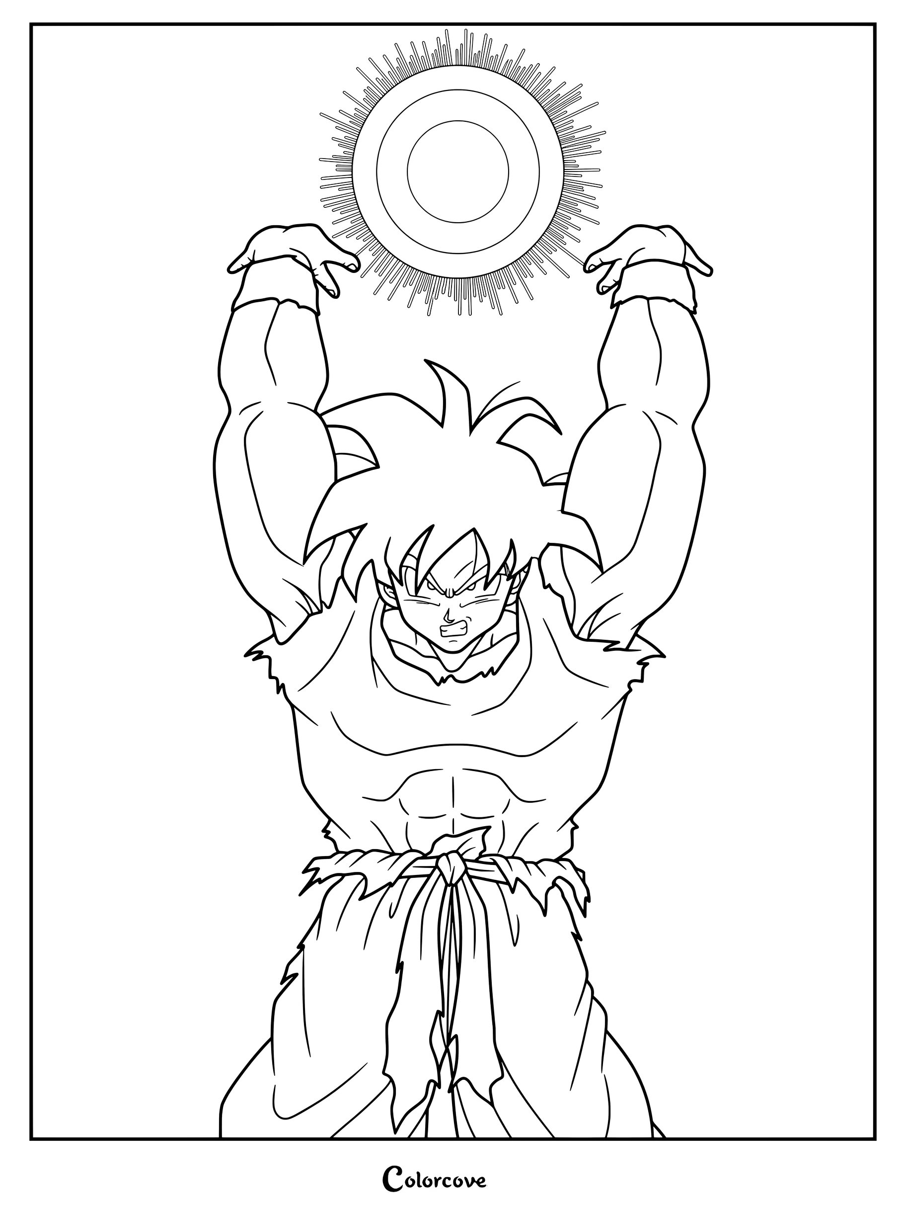 Dibujo para colorear de Dragon Ball con Goku preparando la Genkidama con los brazos en alto reuniendo energía.