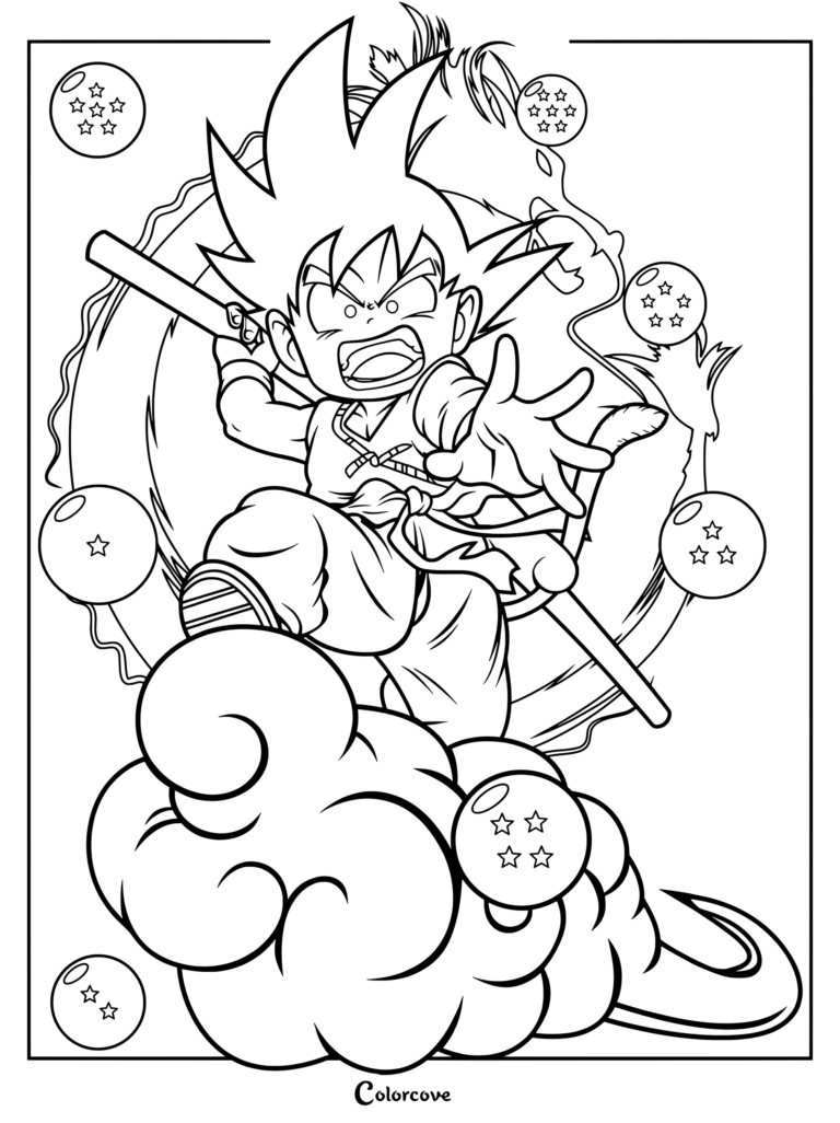 Goku niño surcando los cielos sobre la Nube Voladora rodeado por varias Esferas del Dragón en una página para colorear de Dragon Ball.