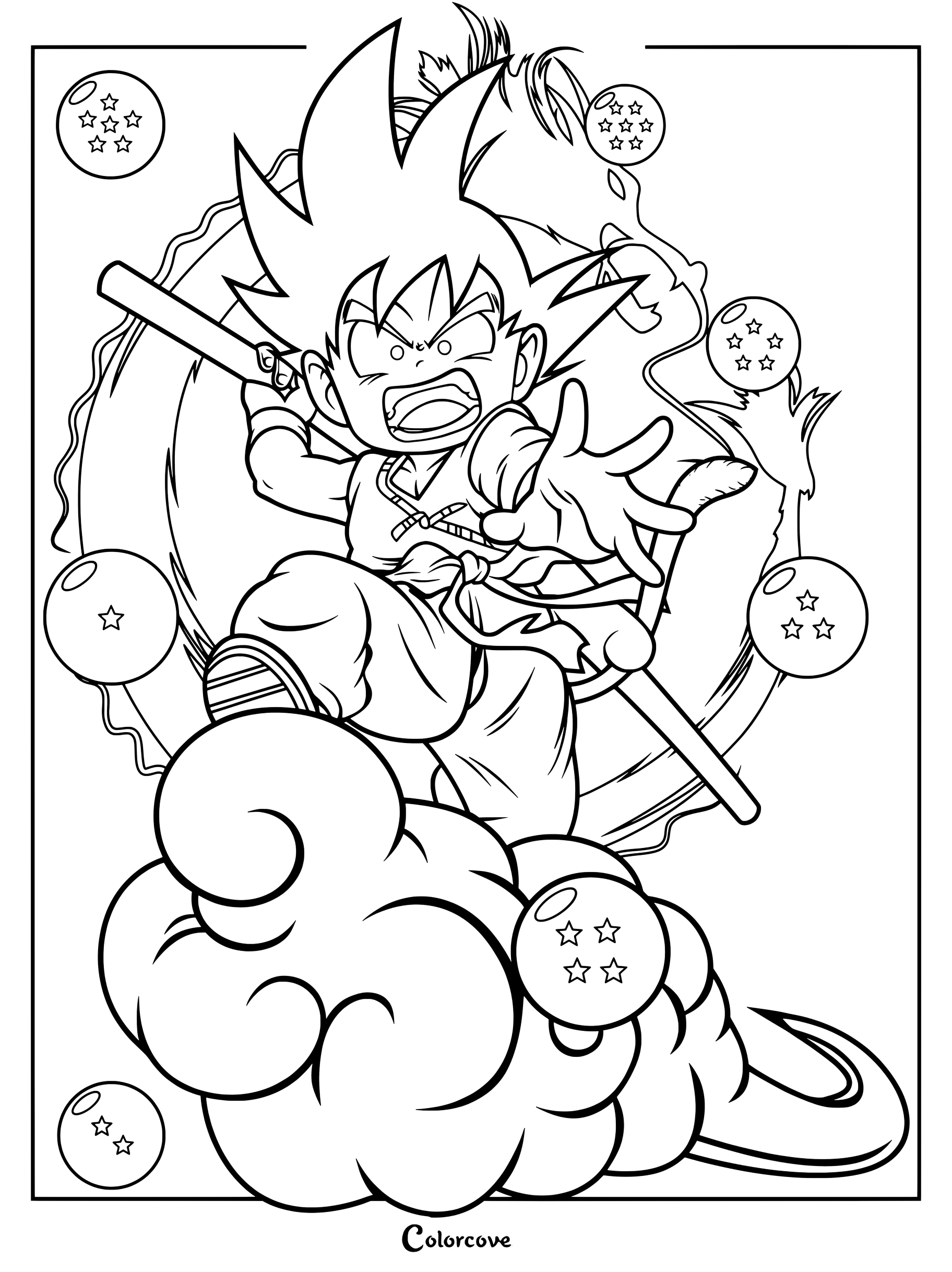 Goku niño surcando los cielos sobre la Nube Voladora rodeado por varias Esferas del Dragón en una página para colorear de Dragon Ball.