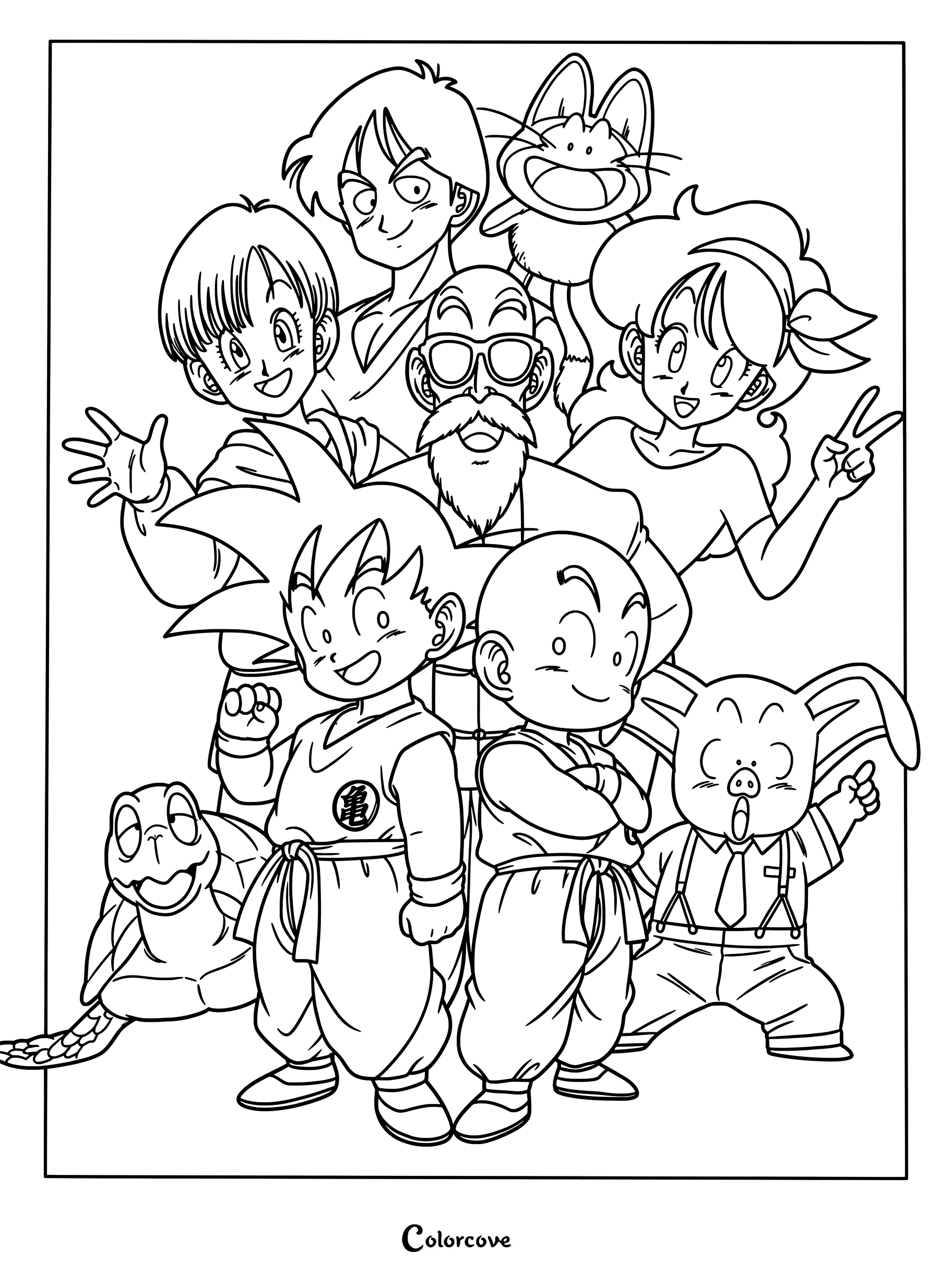 Dibujo de Dragon Ball para colorear con los primeros personajes principales: Son Goku, Bulma, Maestro Roshi, Krilin, Yamcha, Launch, Oolong, Puar y Tortuga