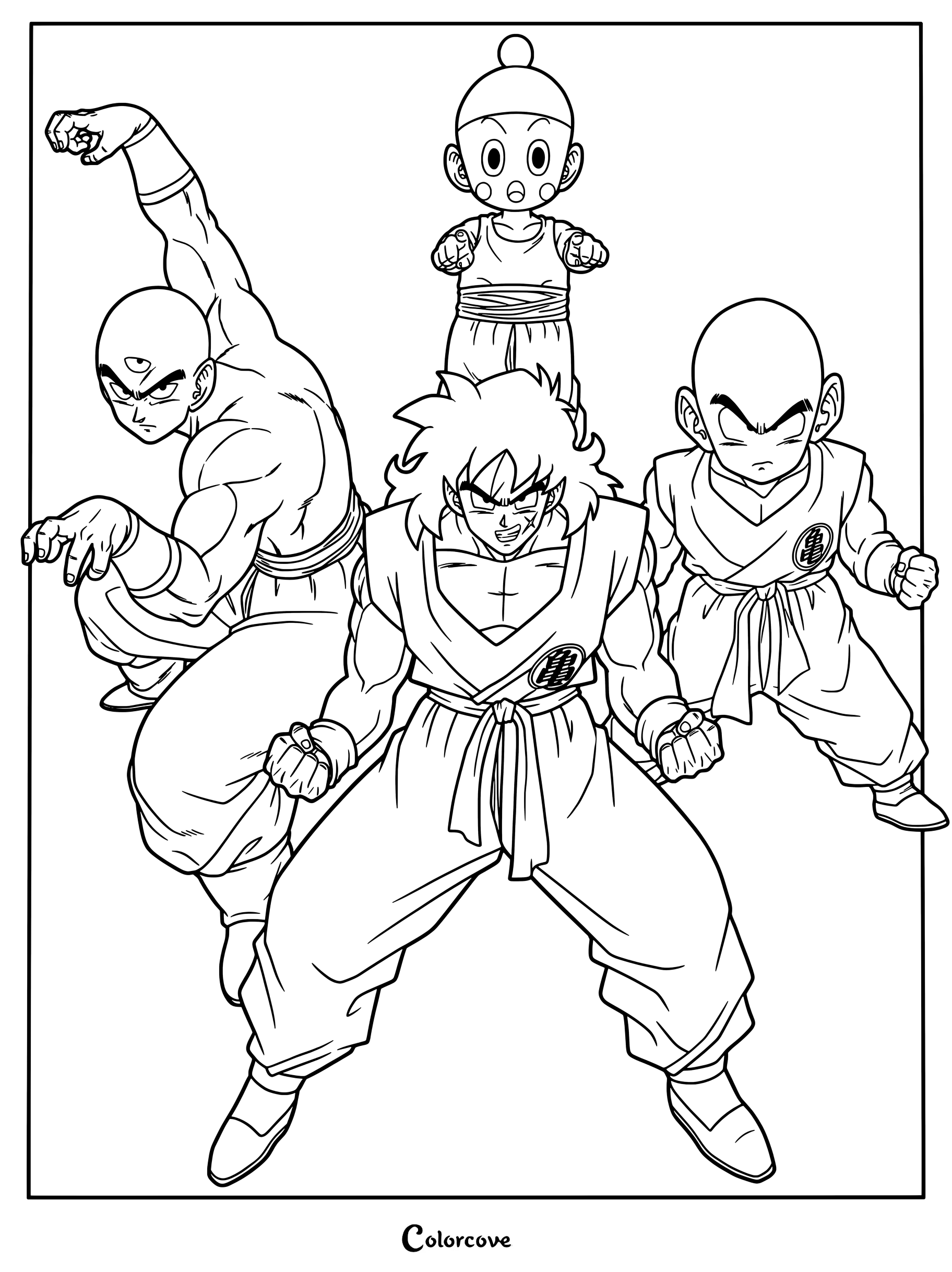 Dibujo de Dragon Ball para colorear con cuatro clásicos Guerreros Z terrícolas: Yamcha, Tenshinhan, Chaos y Krilin.