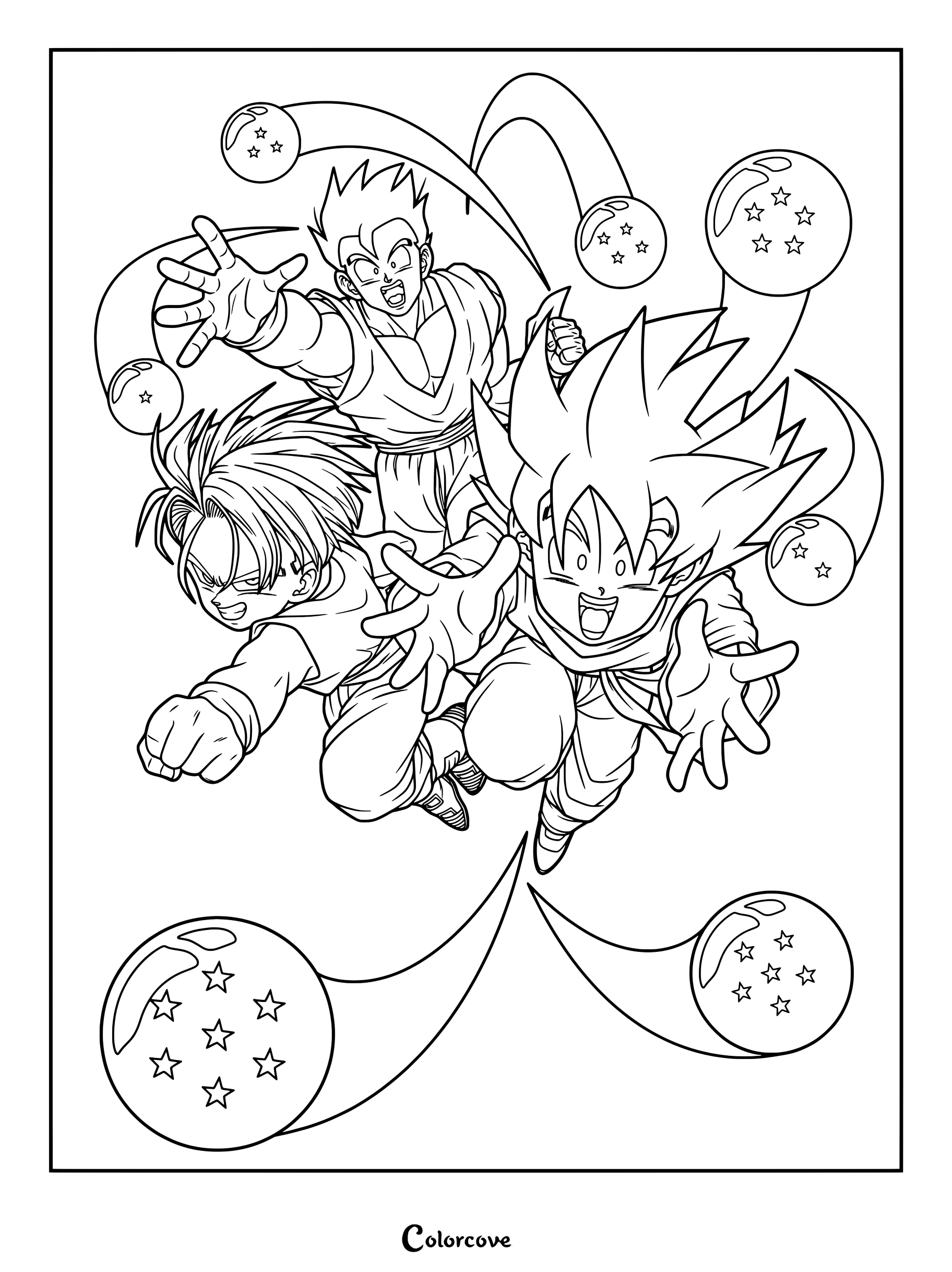 Dibujo para colorear de Goten, Trunks y Gohan de la serie Dragon Ball Z junto a varias Esferas del Dragón volando.