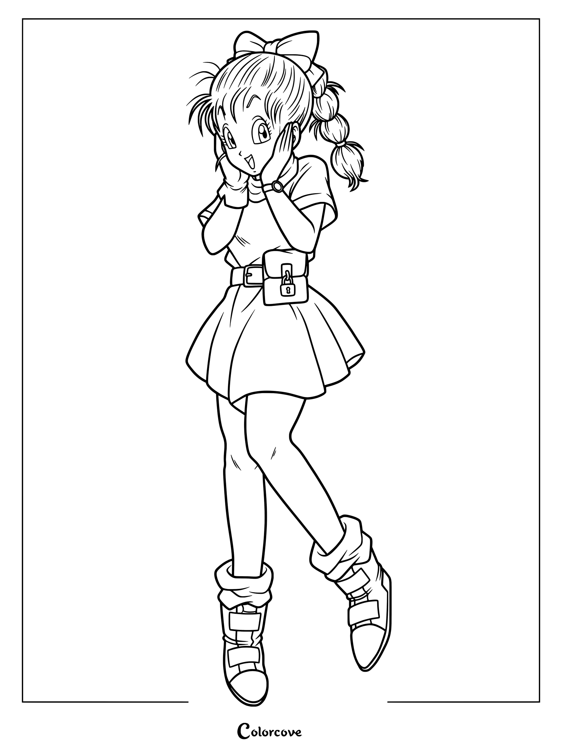 Dibujo para colorear de la joven Bulma vistiendo su clásico vestido rosa con su nombre en el frente, de la serie original de Dragon Ball.