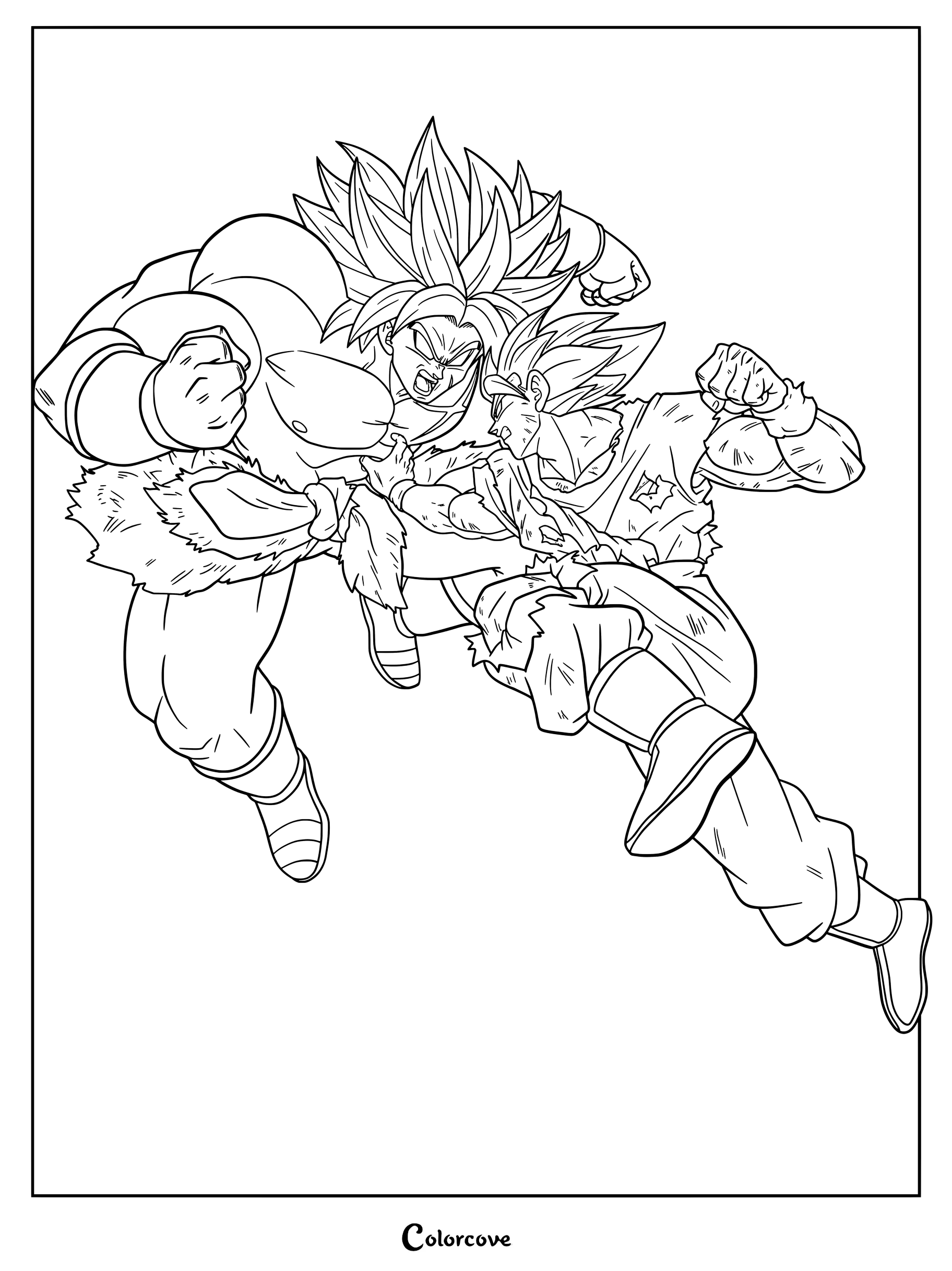 Página para colorear llena de acción de Broly Super Saiyajin luchando contra Goku Super Saiyajin Dios Super Saiyajin de Dragon Ball.