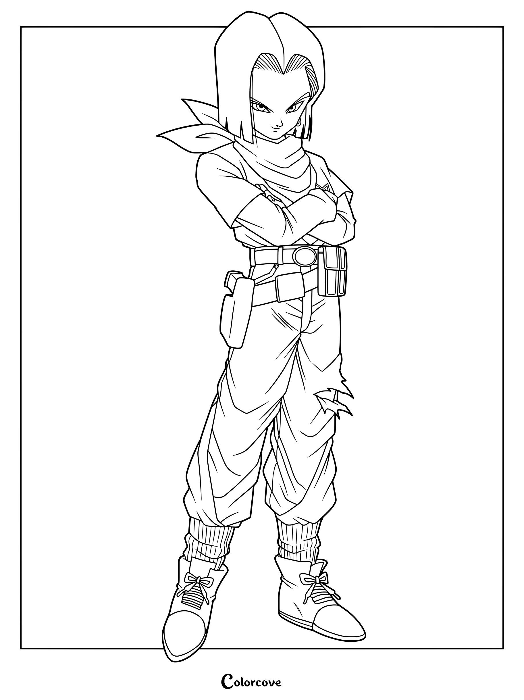 Dibujo para colorear imprimible del Androide 17 de la serie de anime Dragon Ball Z de pie con los brazos cruzados.